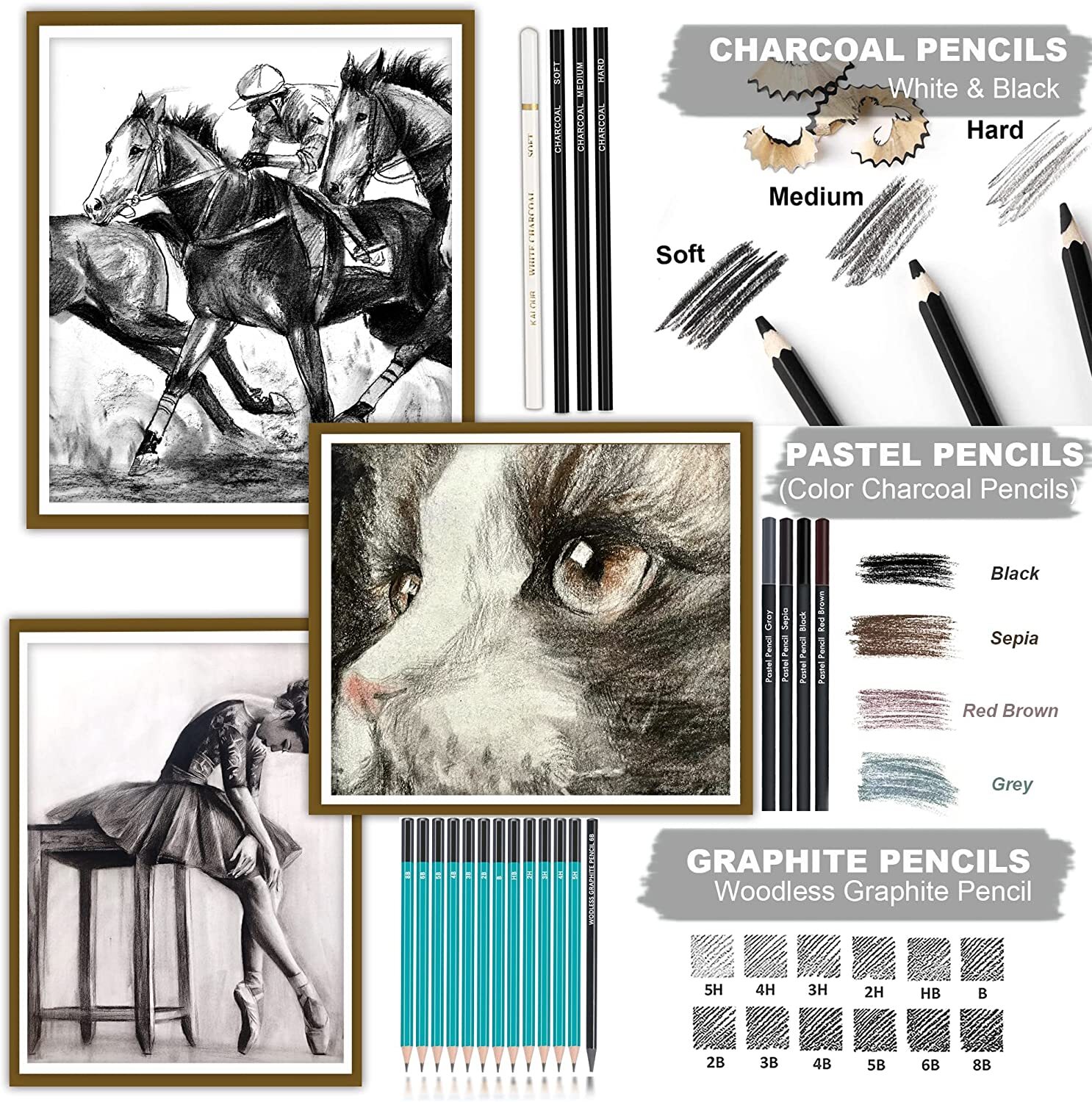 50 pcs Professional Drawing Artist Kit Set Pencils and Sketch Charcoal Art & Bag