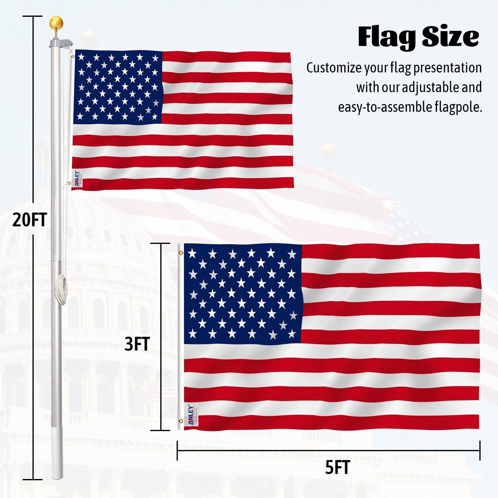 20 ft Aluminum Flag Pole Sectional Flagpole Kit Heavy Duty 3'x5' US Flag, Silver