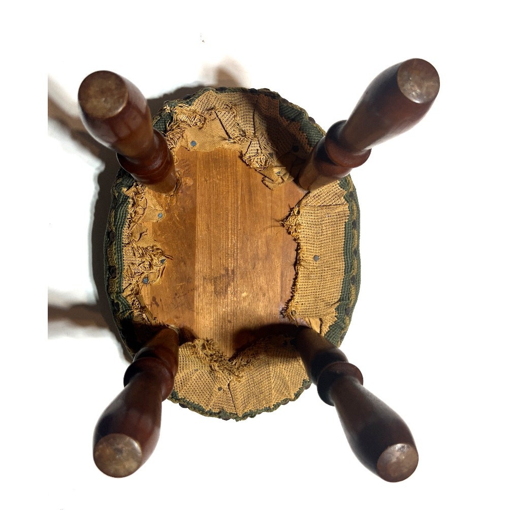 Vintage Needlepoint Footstool Floral Embroidery Wood Legs Oval Small Stool Read