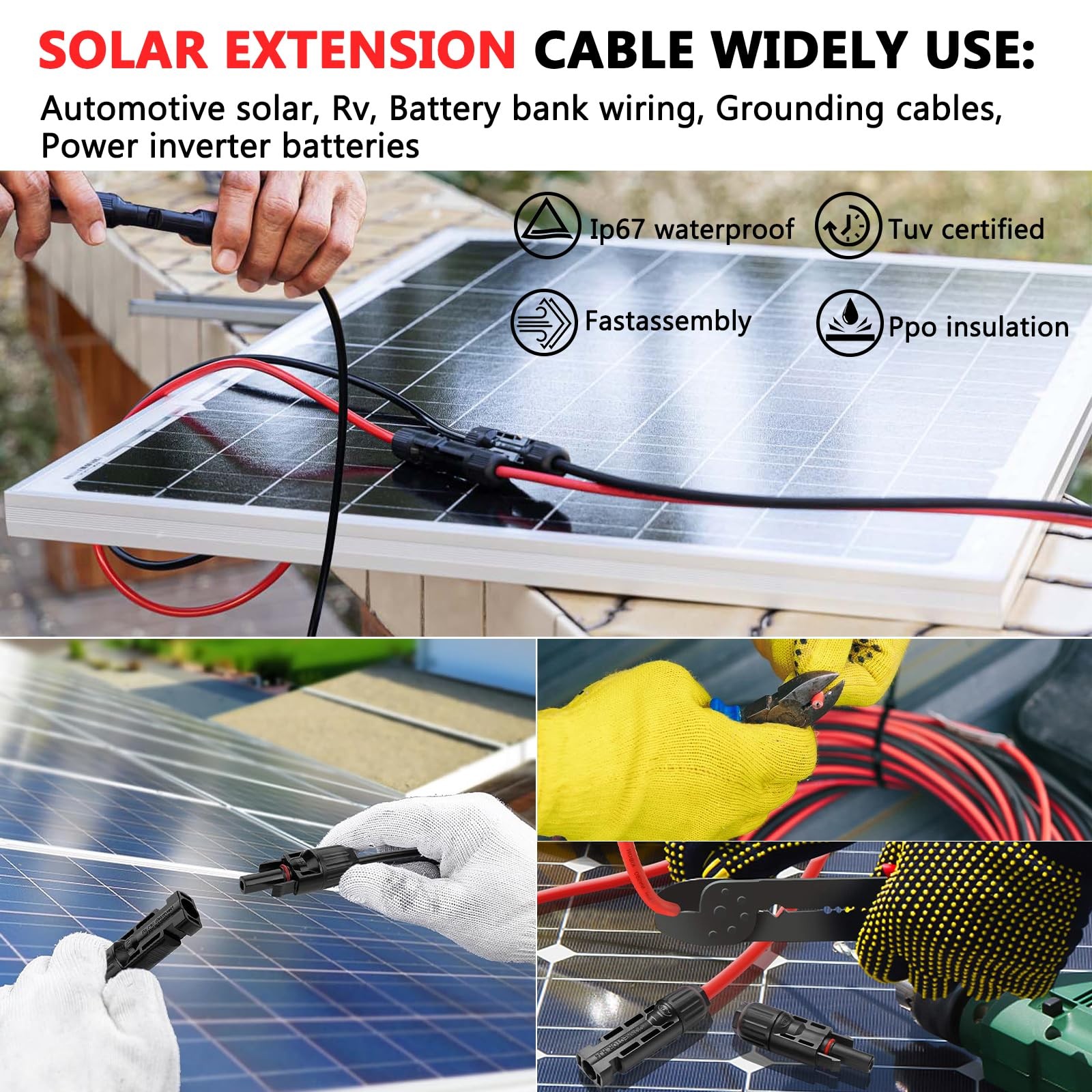 Vansdon 2x30 Feet Solar Panel Extension 30 10AWG, Black& Red 10AWG