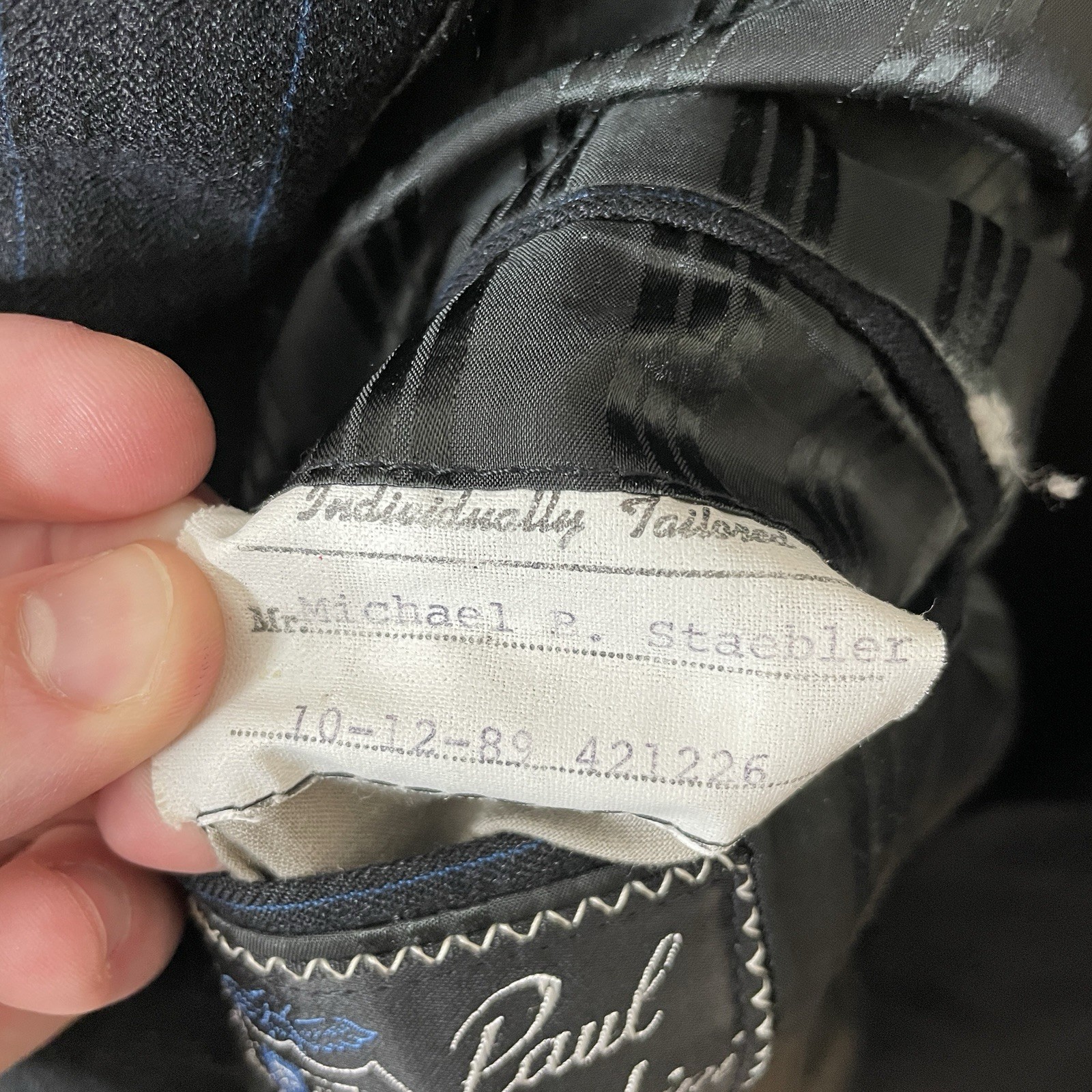 Paul Cicchini Bespoke 2 Piece Suit Mens 46XL 38x33 Black Blue Striped Wool USA