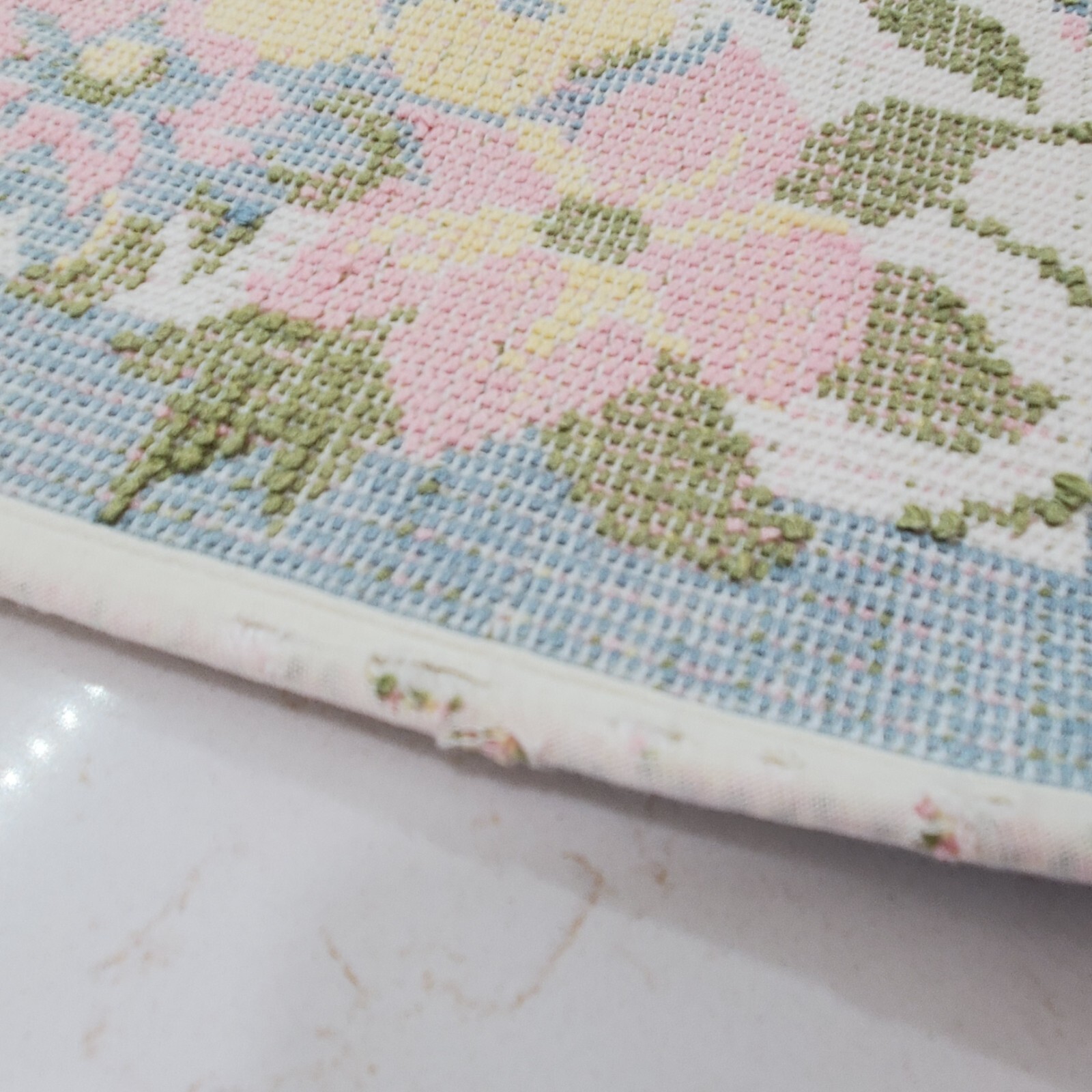 Longaberger Bath Mat Rug Pastel Trellis Pattern Blue Pink Cream White 18.5"x31"