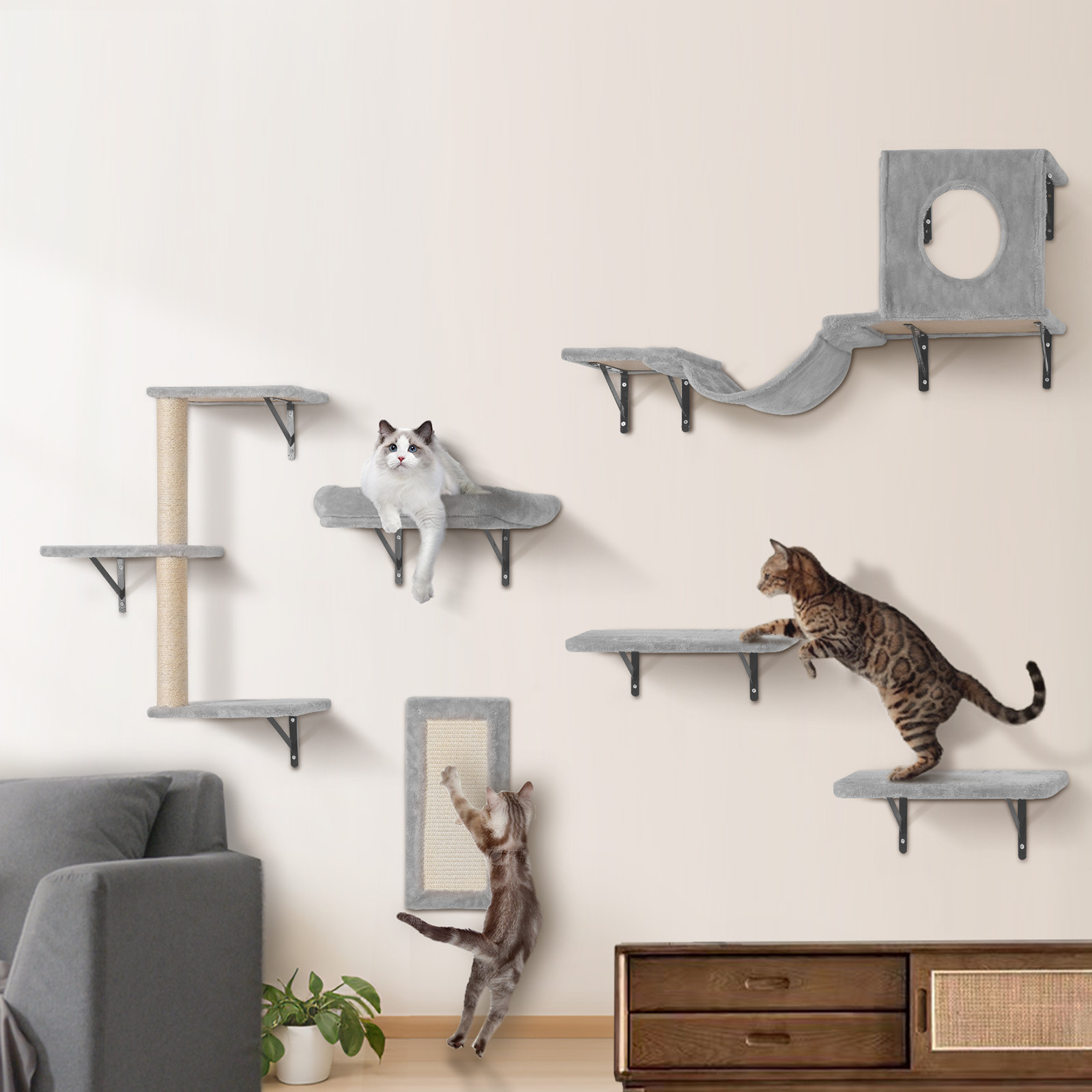 Wall Mounted Cat Shelves Tree with Jump Boards Hammock Sofa Grip Set of 6