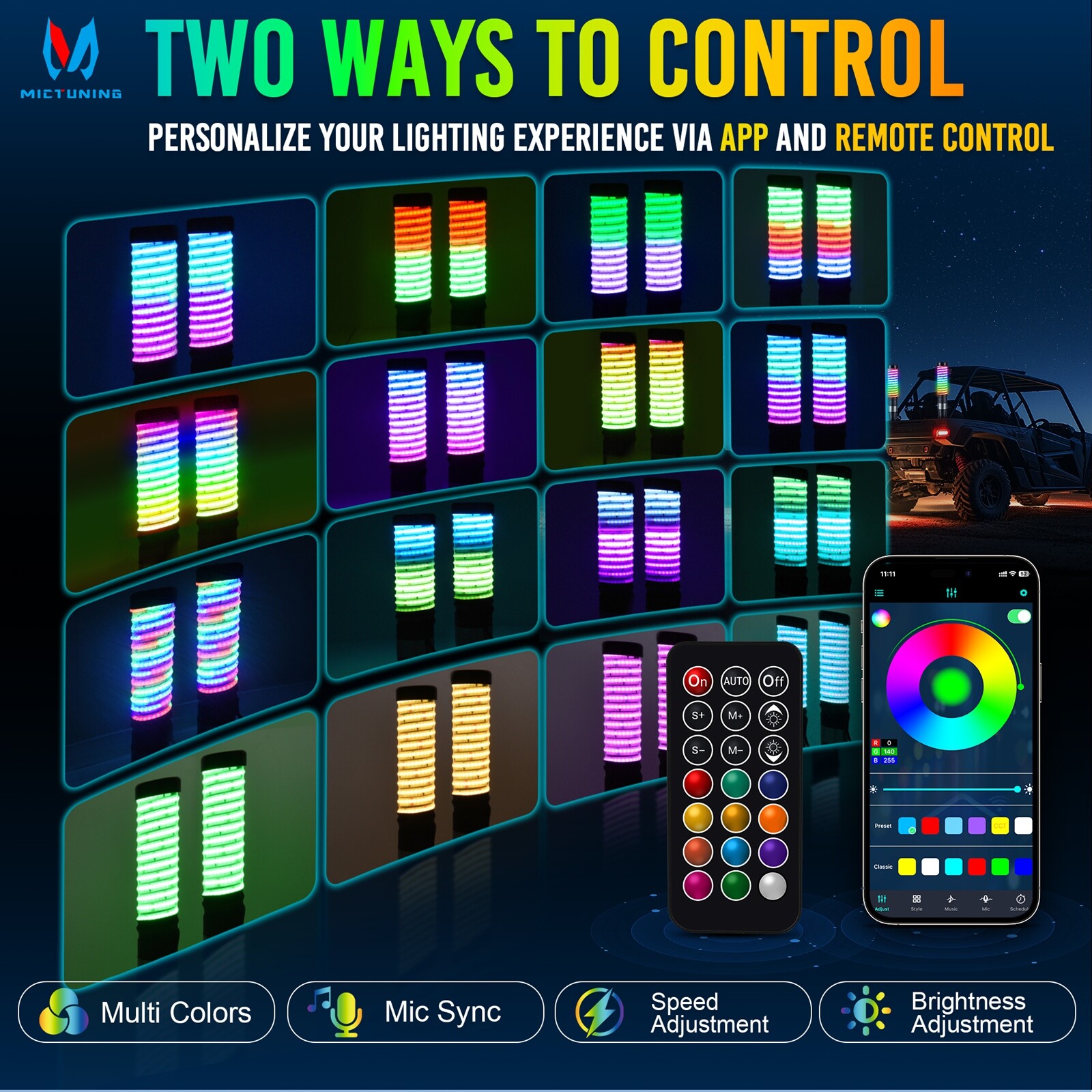 2pcs 1FT COB Fat Whip Light,RGB+IC Chasing Antenna Whips for ATV UTV SXS RZR