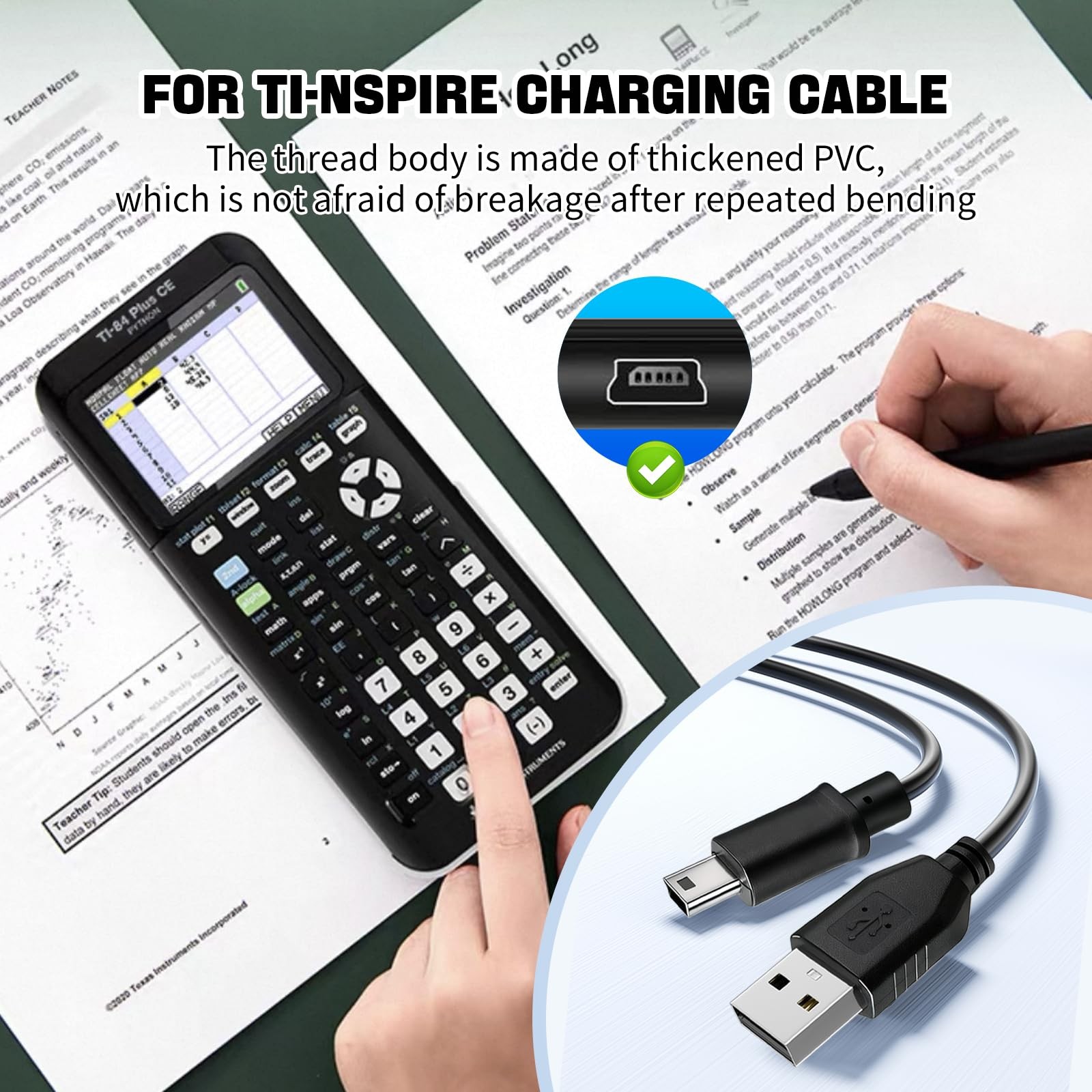 Ti-84 Plus ce Charger, ti84 Charger Cable for Texas Instruments Black