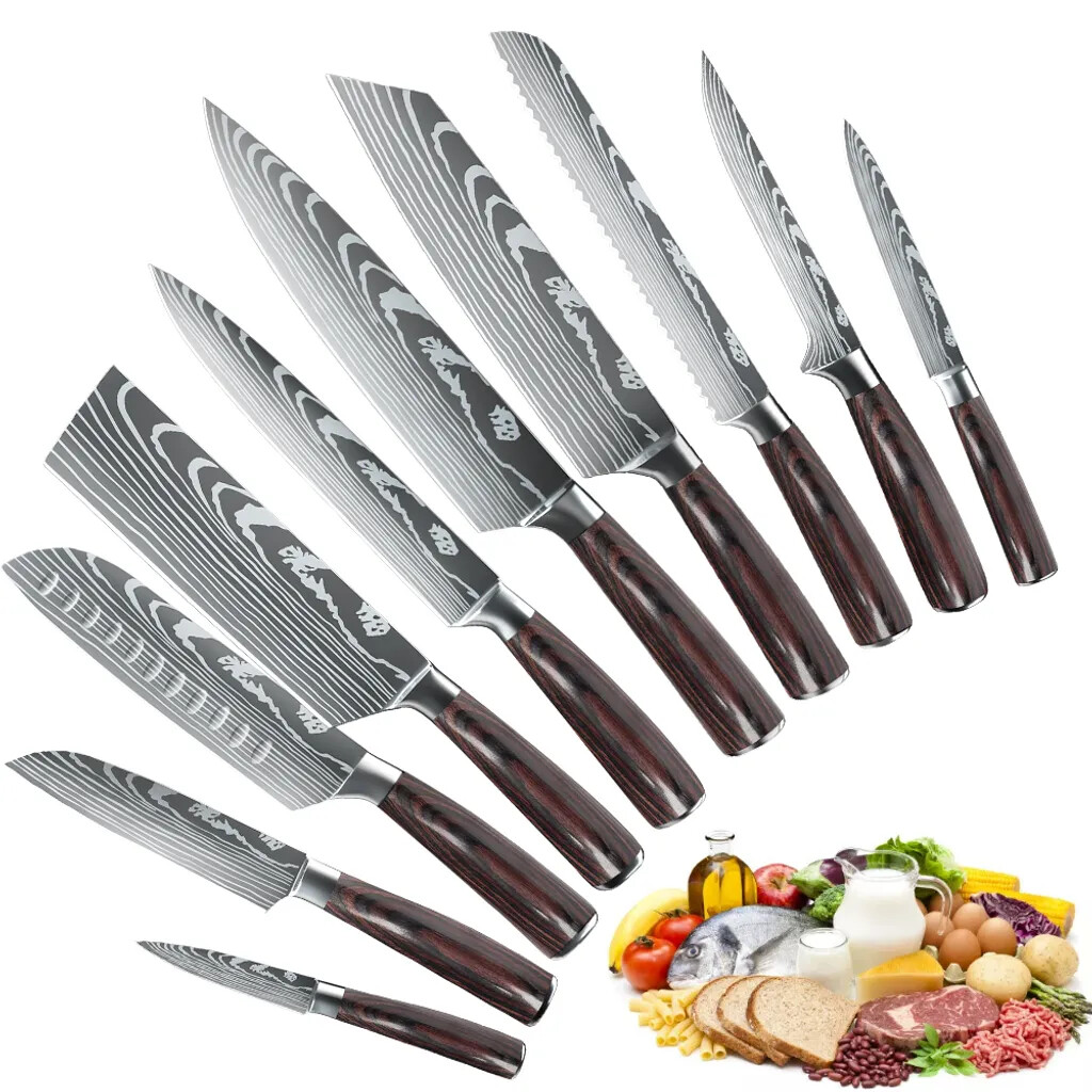Kitchen Knife Set Japanese Damascus Pattern Chef Knives Stainless Steel Cleaver
