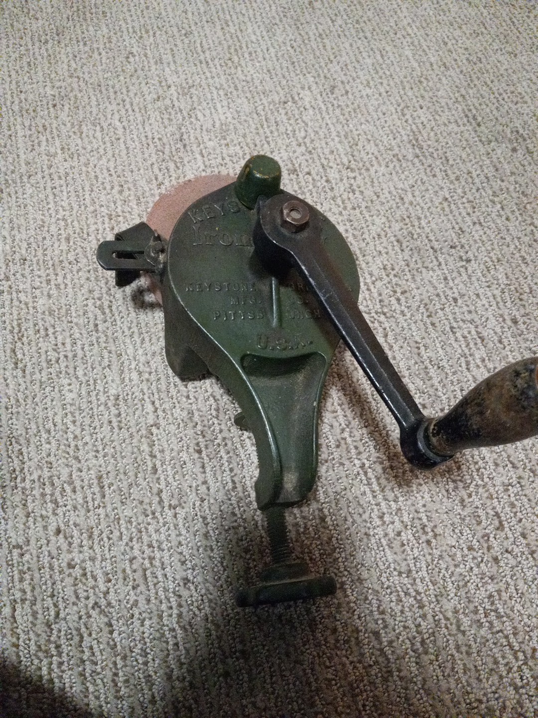 Vintage Keystone Hand Crank Bench Grinder 1920s