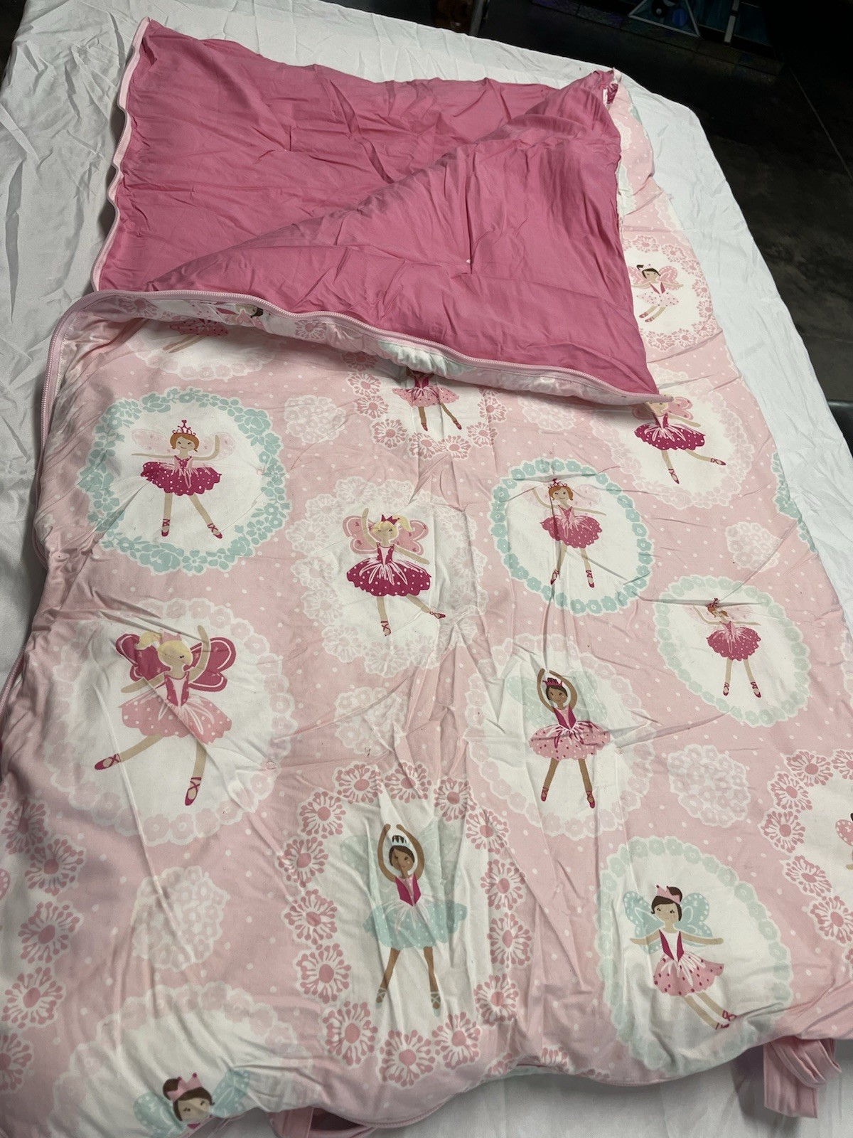 POTTERY BARN KIDS Girls Sleeping Bag Pink BALLERINA  FAIRIES EUC.