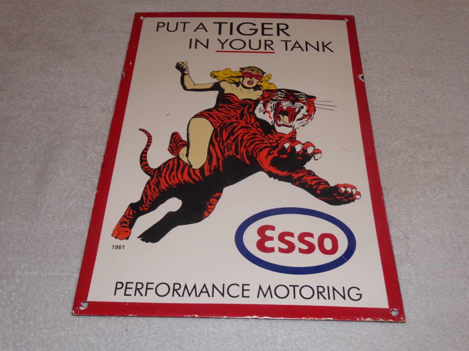 VINTAGE 1961 "ESSO CAT WOMAN RIDING TIGER" 18" PORCELAIN METAL GASOLINE OIL SIGN