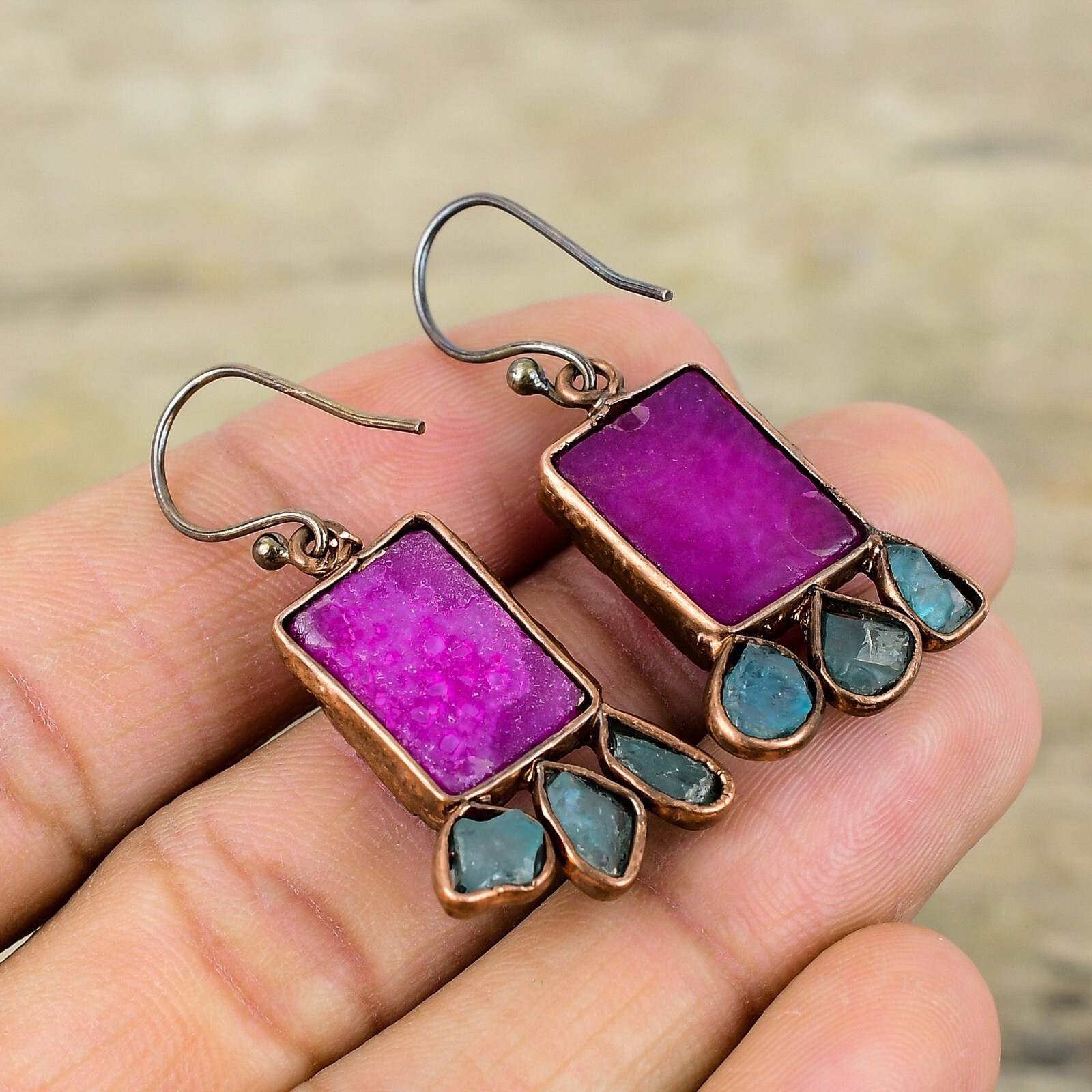 Pink Druzy Jewelry Copper Mom Gift Electroformed Drop/Dangle Earrings 1.77"