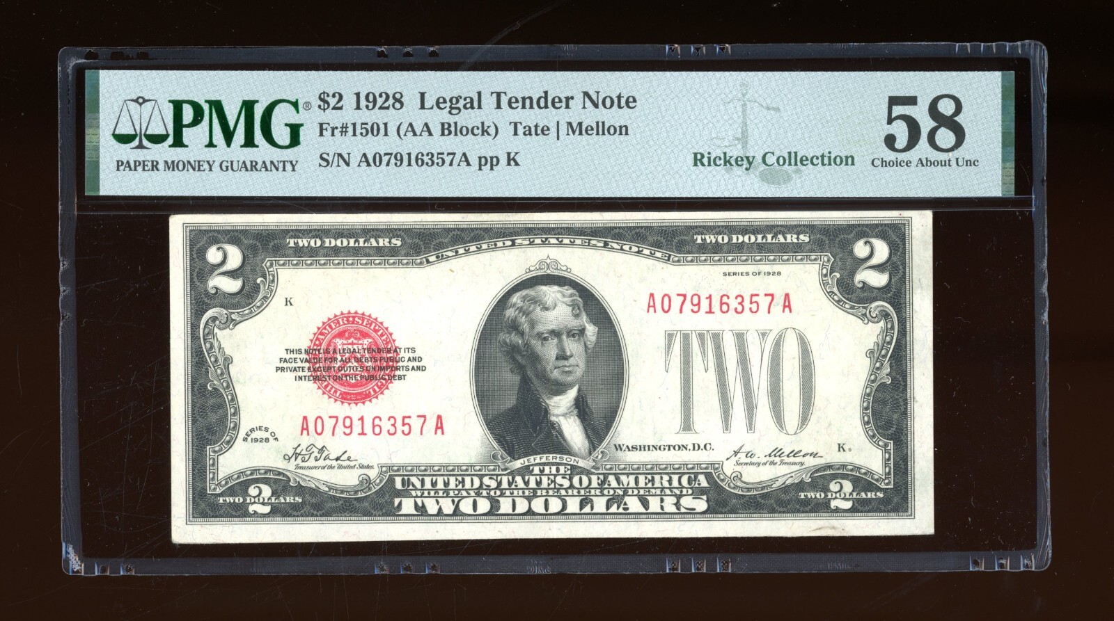 DBR 1928 $2 Legal Fr. 1501 PMG 58 Serial A07916357A