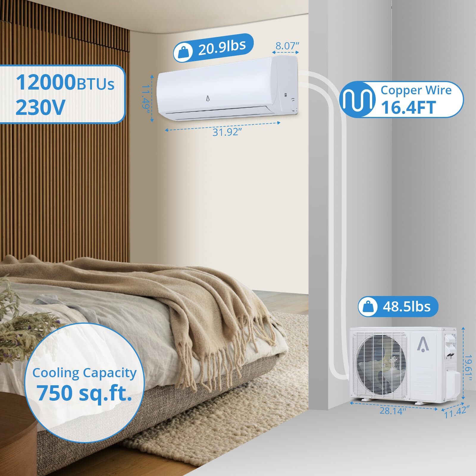 12000 BTU Mini Split Air Conditioner Ductless Inverter AC W/Heat Pump 230V WIFI