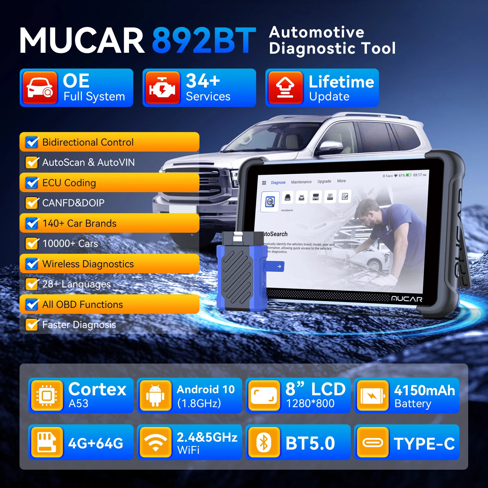 🔥2025 MUCAR 892BT Car Diagnostic OBD2 Scanner All System Scan Tool Action Test