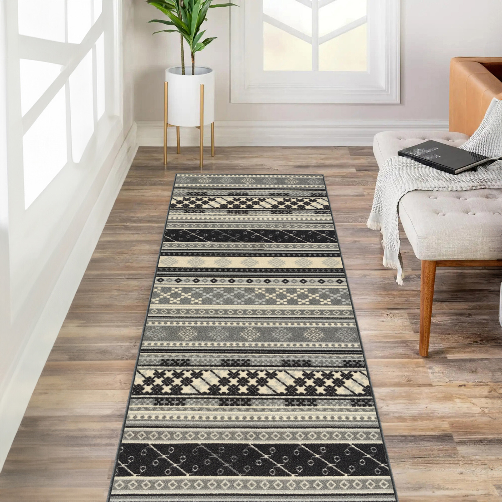 Custom Size Stair Hallway Runner Rug Rubber Back Non Skid Grey Kilim Design