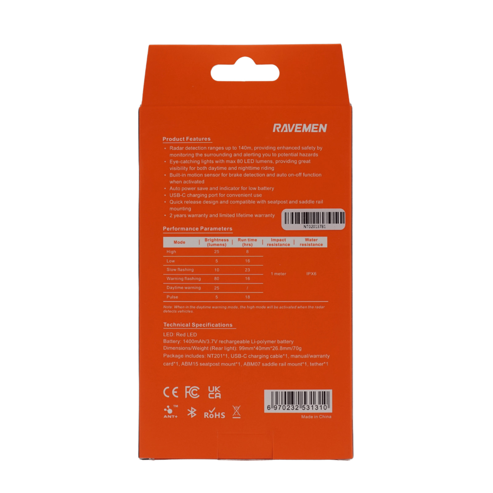 Ravemen NT201 80 Lumen Smart Radar Detection Bike Taillight USB-C Rechargeable