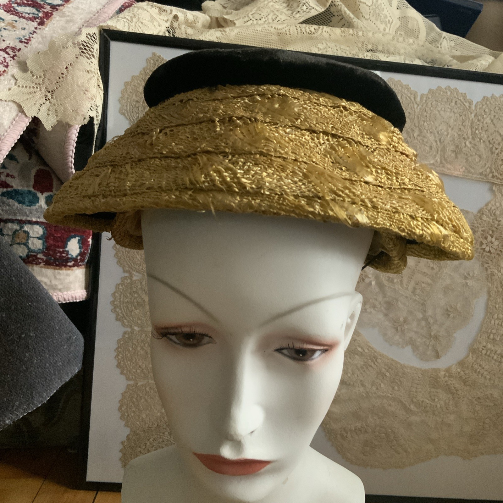 Vintage 1940s/50’s Hat In A   Hat Possible Handmade  Straw & Velvet Derby Church