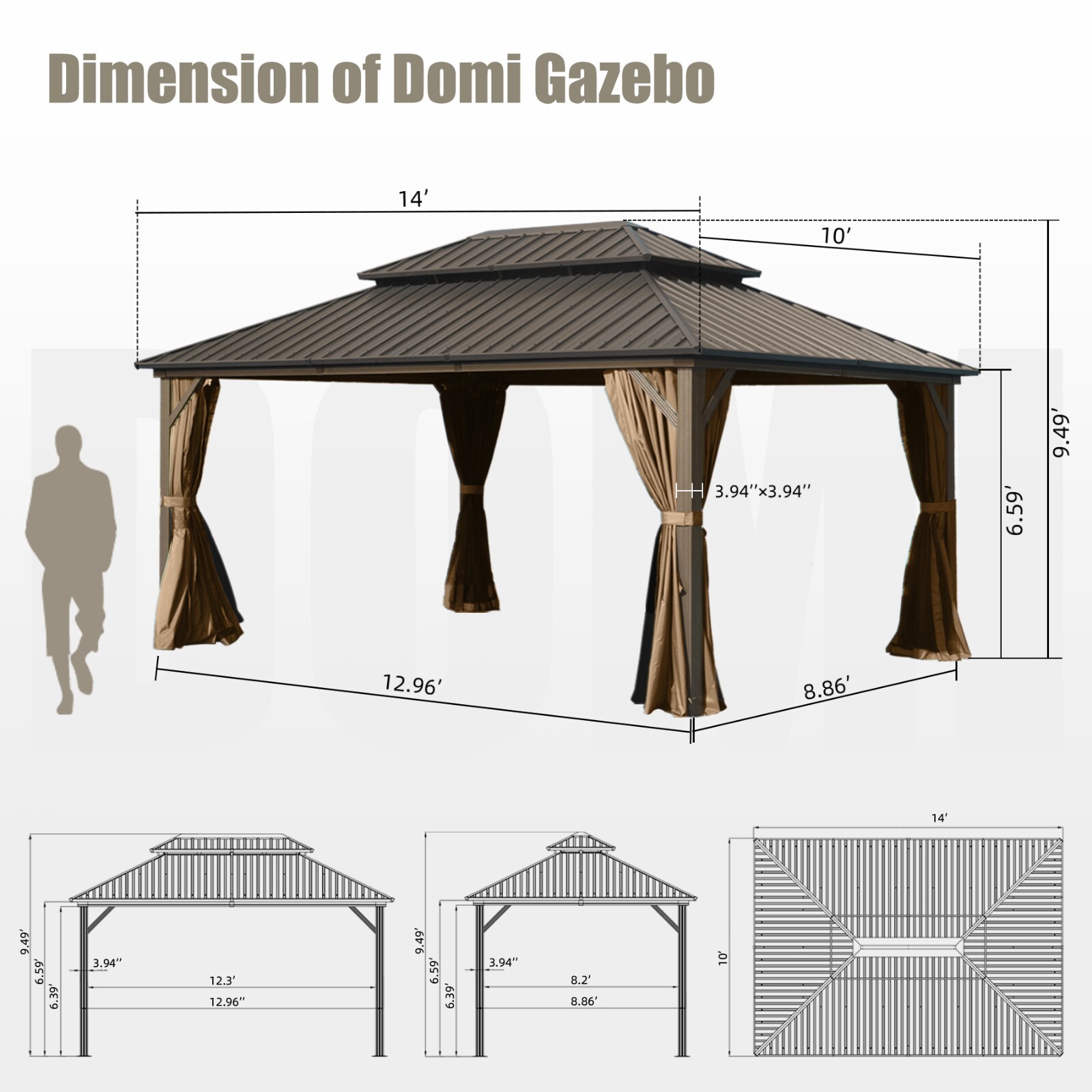 Domi 10’ x 14’ Hardtop Gazebo Outdoor Aluminum Gazebo w/Curtains and Net, Brown