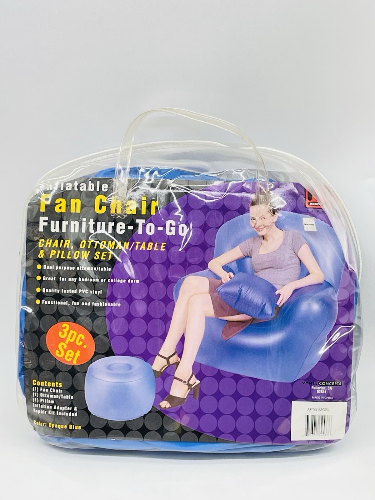 Inflatable 3 Pcs Chair Ottoman Furniture Blue Adult Sz 90s Y2K Retro Dorm RARE