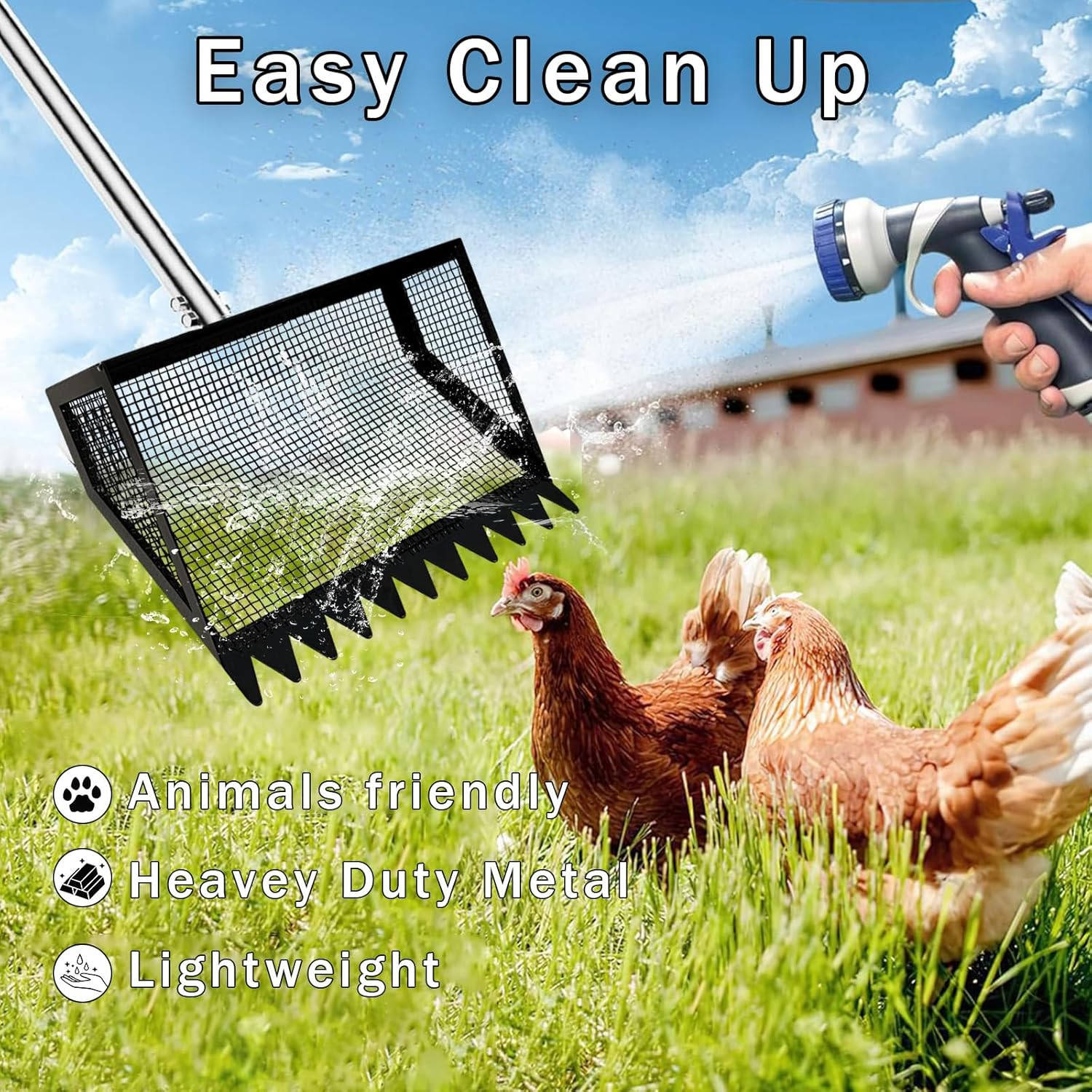 12" Metal Chicken Poop Scooper Rake for Sand with 24 to 68" Handle, Adjustable C