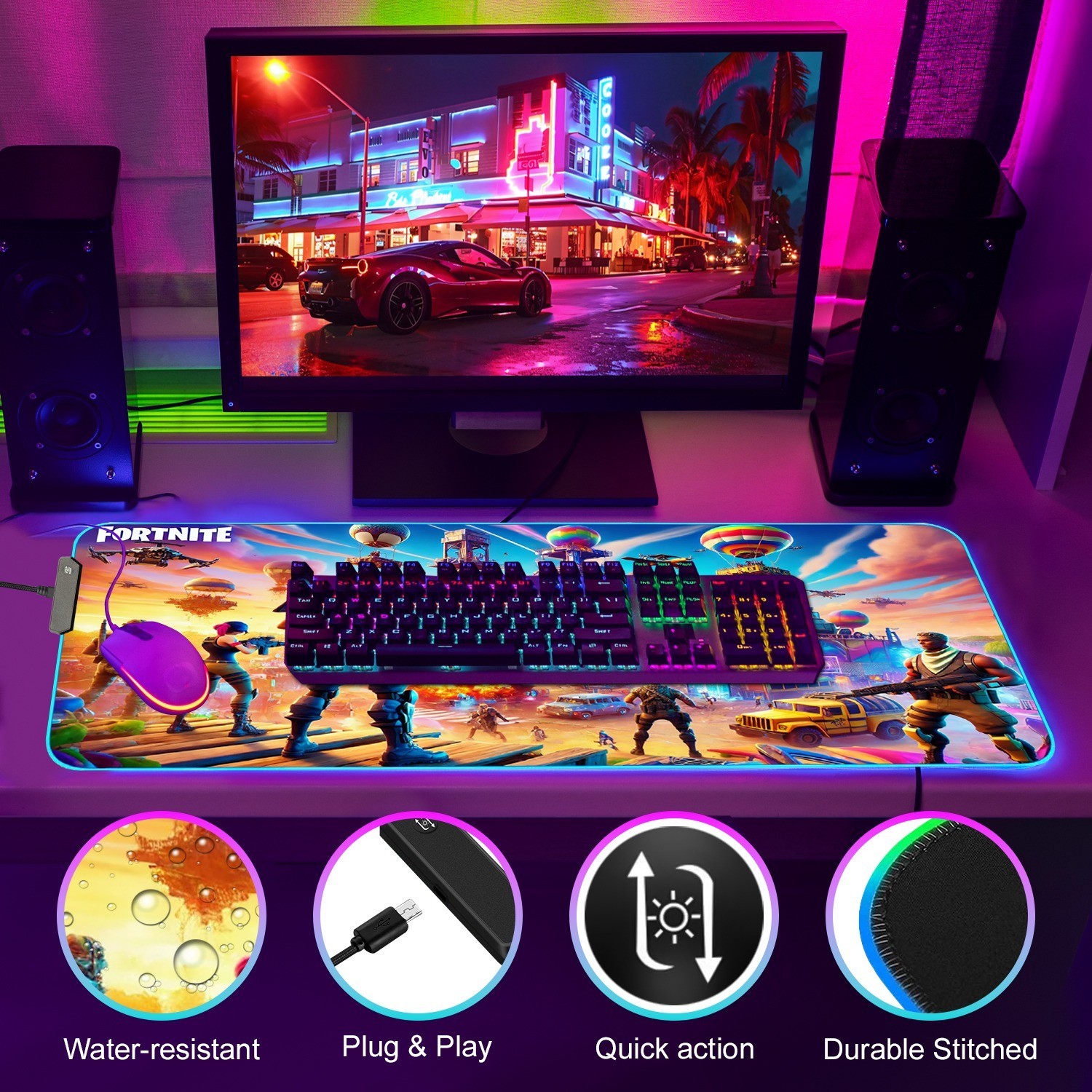 New Large Gaming Mouse Pad Fortnite Edition – Water & Slip Resistant, with Light