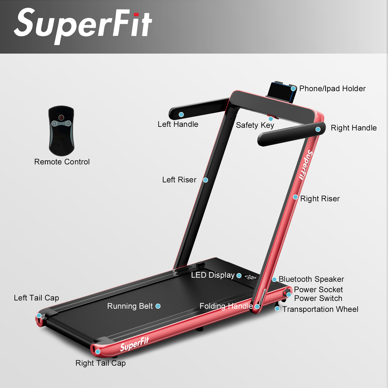 SuperFit 2 in 1 Folding Exercise Treadmill 2.25HP W/ Speaker Remote Red