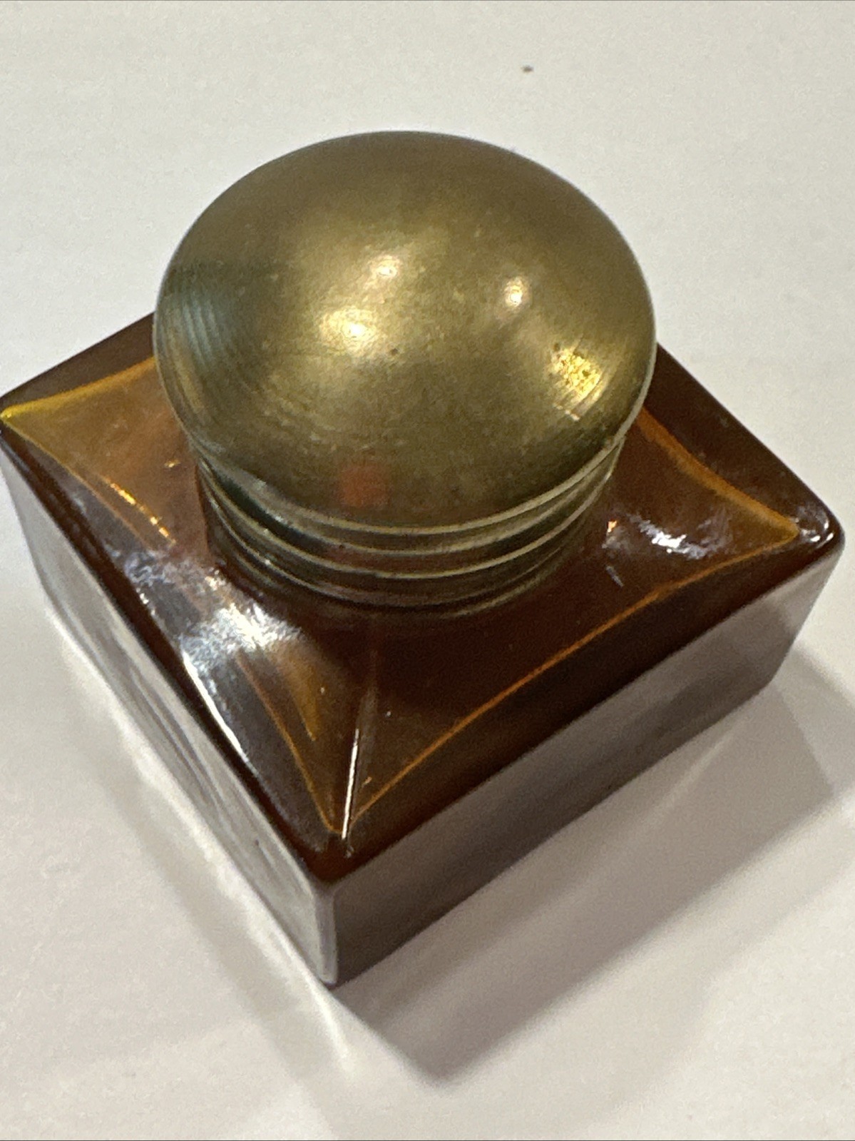 Vintage Amber Glass Inkwell with Brass Cap - Small Collectible Ink Pot