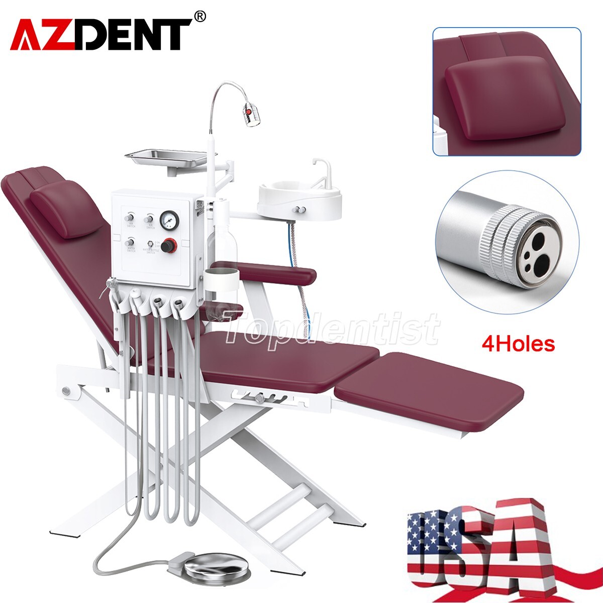 Sillón dental portátil LED Light PU unidad de turbina de cuero duro 4 agujeros