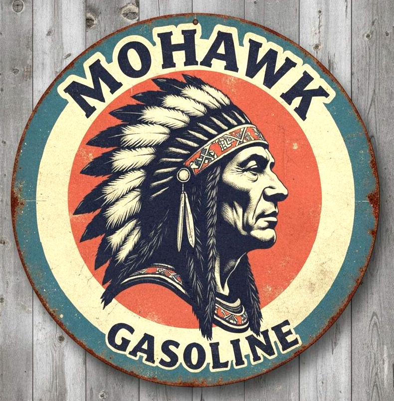 Mohawk Gasoline 8" Diameter Vintage Novelty Metal Sign Made In USA