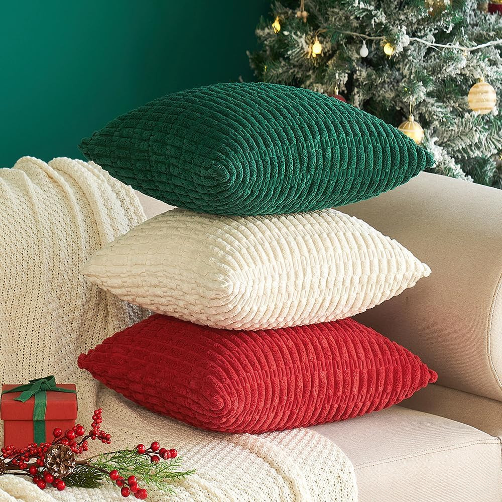 Pack of 2 Corduroy Decorative Throw Pillow Covers 18x18 Inch Soft Boho Striped P