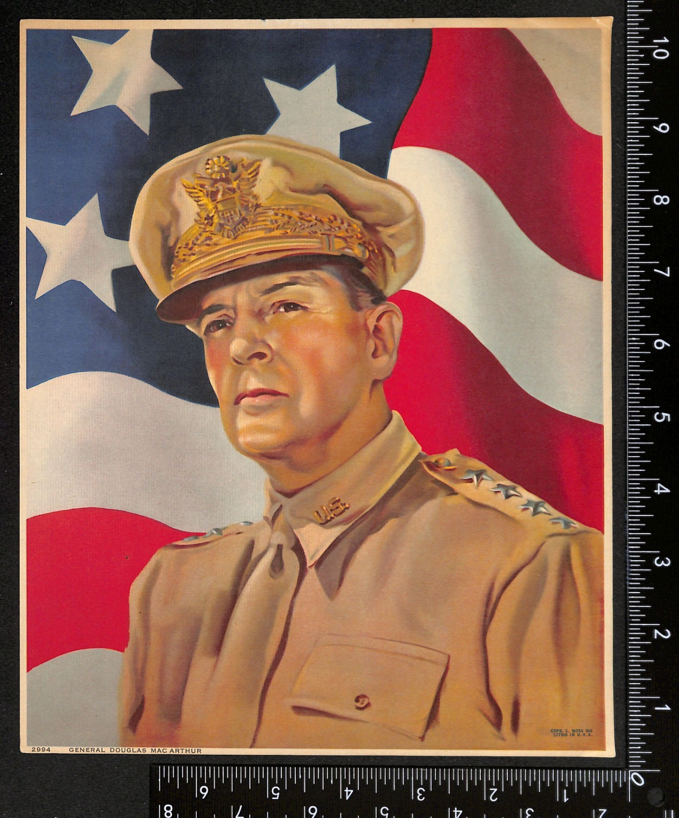 1942 WWII General Douglas MacArthur Litho Print #2994 C. Moss 8x10 Near Mint!