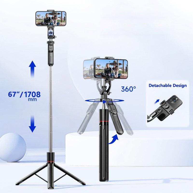 67" Cell Phone Selfie Stick Tripod Wireless Remote Extendable for iPhone/Android