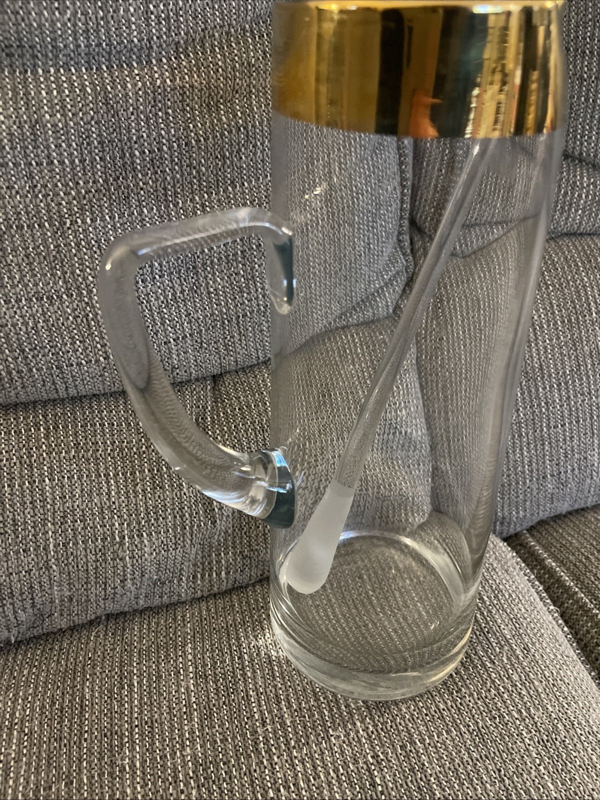 Golden by Avitra Glass Cocktail Pitcher Stir Stick Gold Rim Barware Vintage