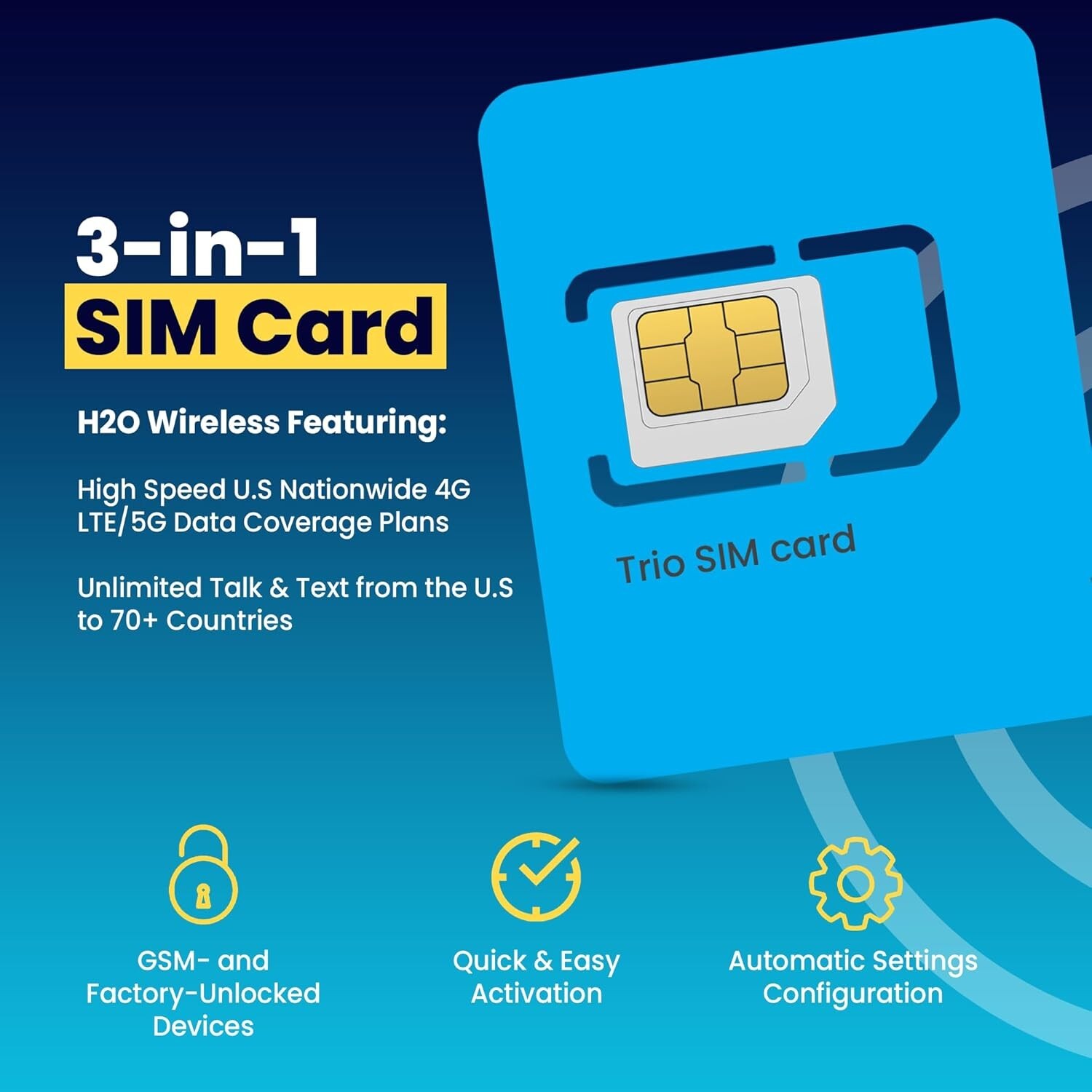 H2O Wireless SIM Card 3 in 1 Standard / Micro/ Nano Sizes Select Your Plan