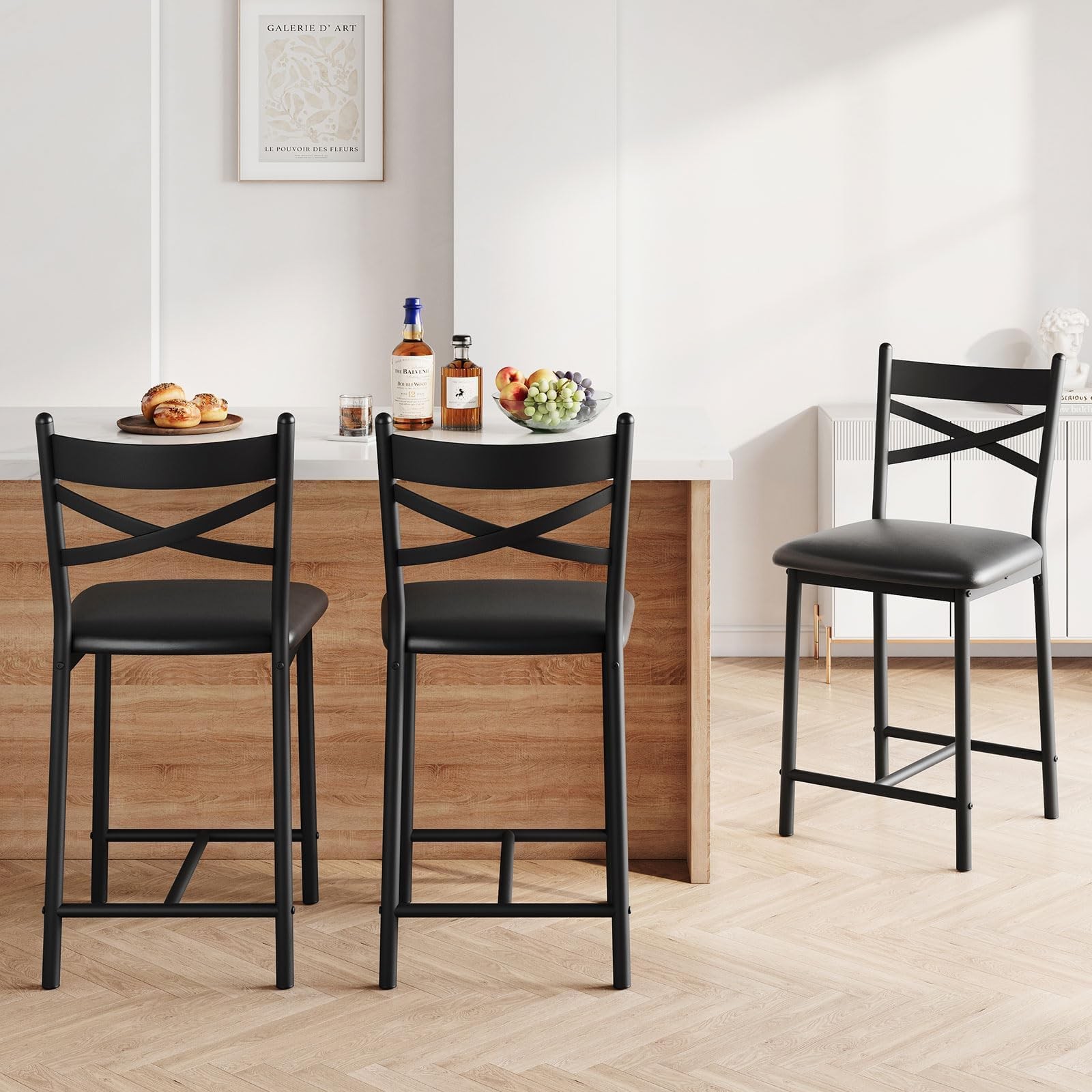 Set of 4 Counter Height Stools with Metal Frame Ergonomic Pu Leather Bar Stools