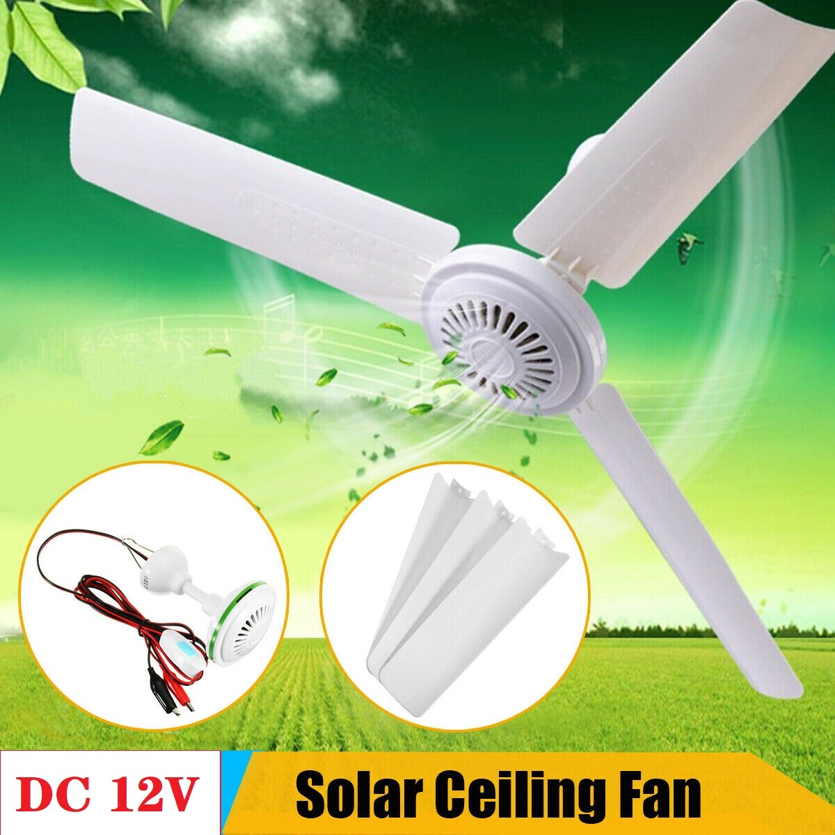 12V 20'' Solar Ceiling Fan Portable 3 Blade w/ 6W Switch Camping Caravan 330 RPM