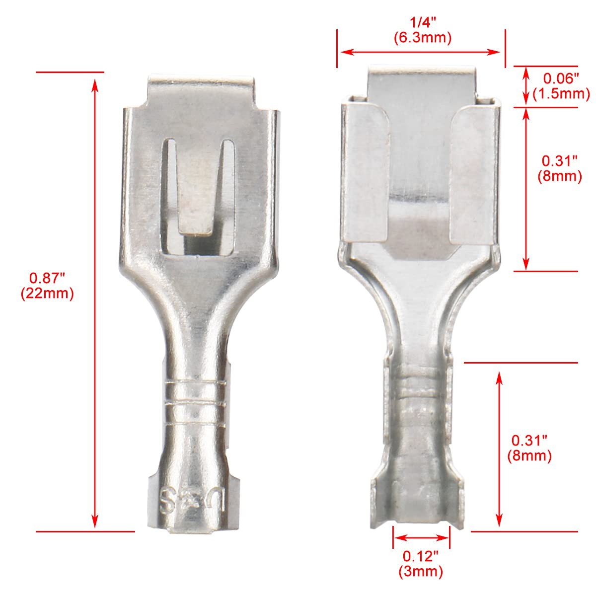 1/4" Terminal Female Spade Connector Non Insulation 6.3mm Metal Crimp Pack of...
