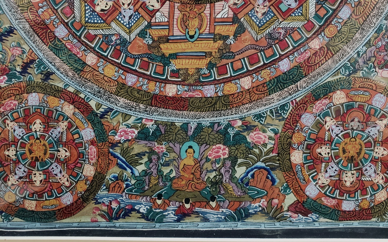 Vintage Hand Painted Tibetan Buddhist Mandala Thangka Framed 16 x 19” VF+