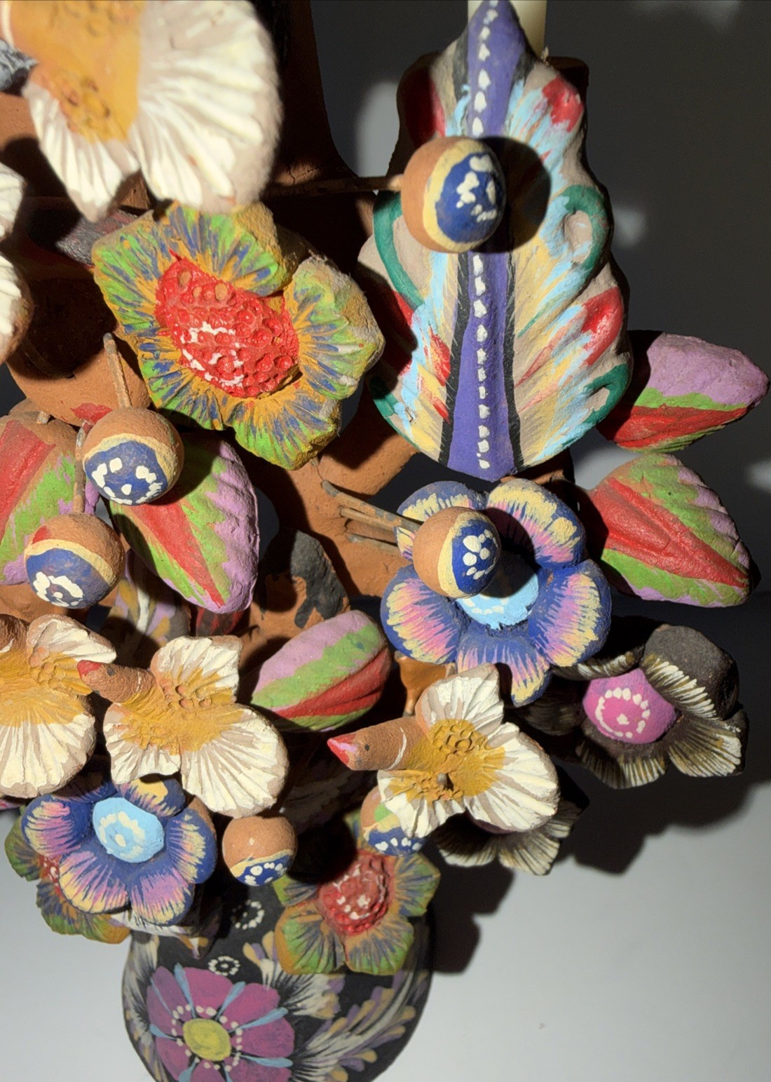 Mexican Clay TREE of LIFE Handmade Multi Color Folk Art Candelabra 12.5" Tall