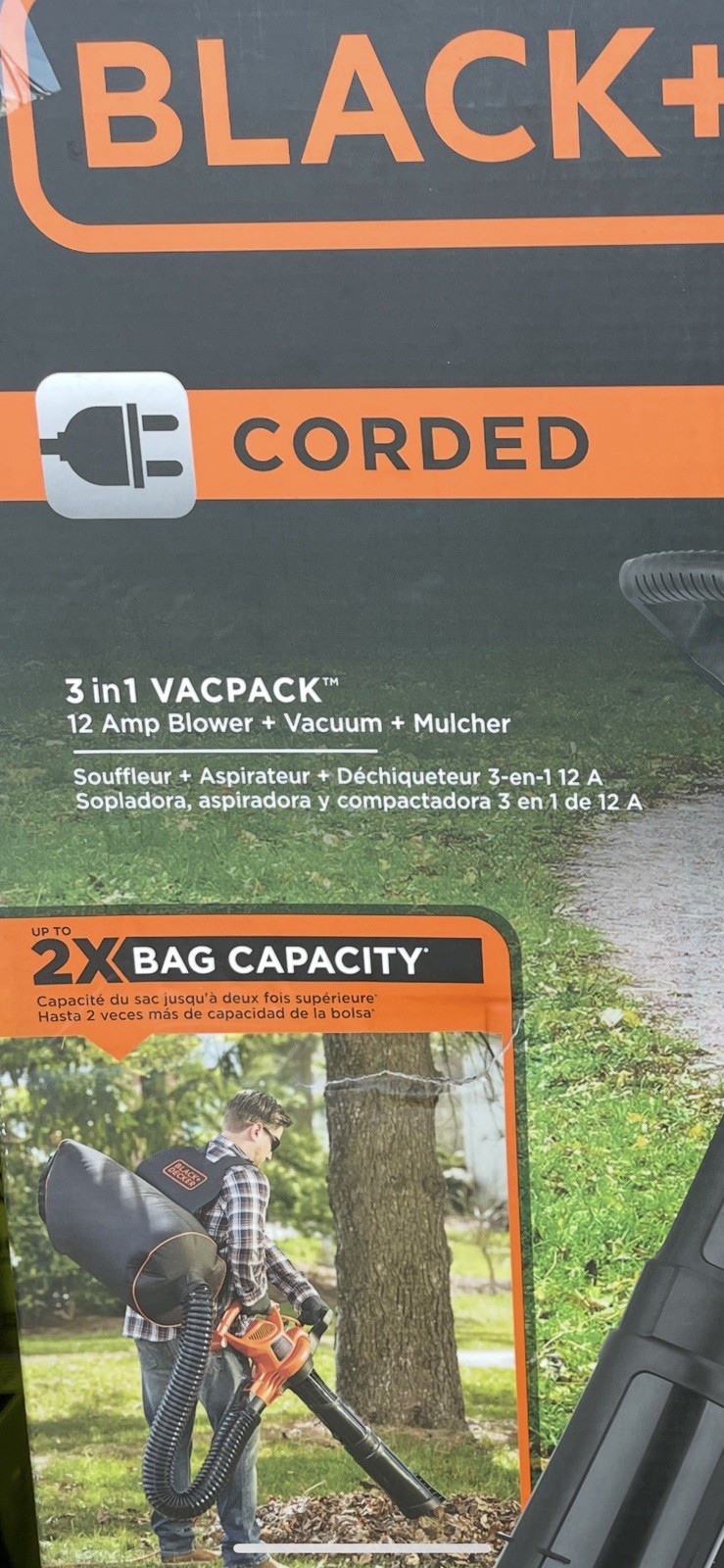 BLACK+DECKER BEBL7000 3-in-1 VACPACK 12A Leaf Blower/Vacuum/Mulcher-Black/Orange
