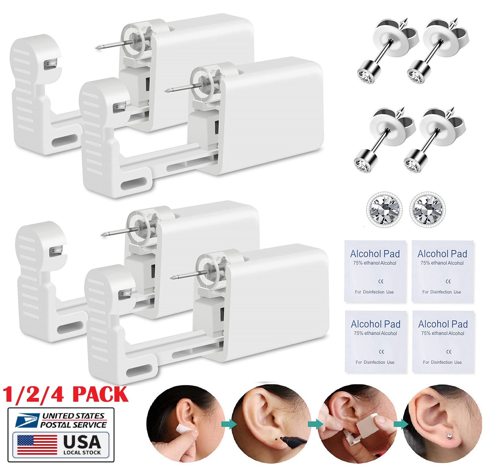 4× Ear Piercing Disposable Kit Silver Stud Earring Gun DIY Home Self Ear Sets US