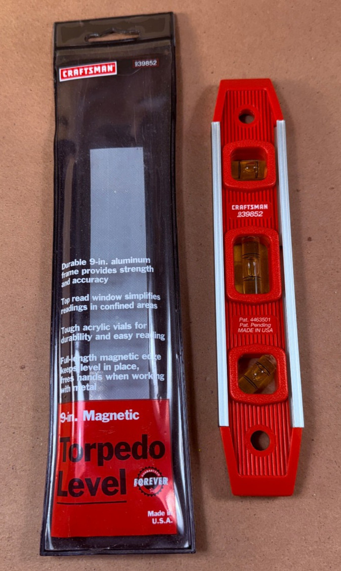 NEW Sears Craftsman USA Nos Torpedo Level 9” 39852 Red Magnetic w/ Pouch