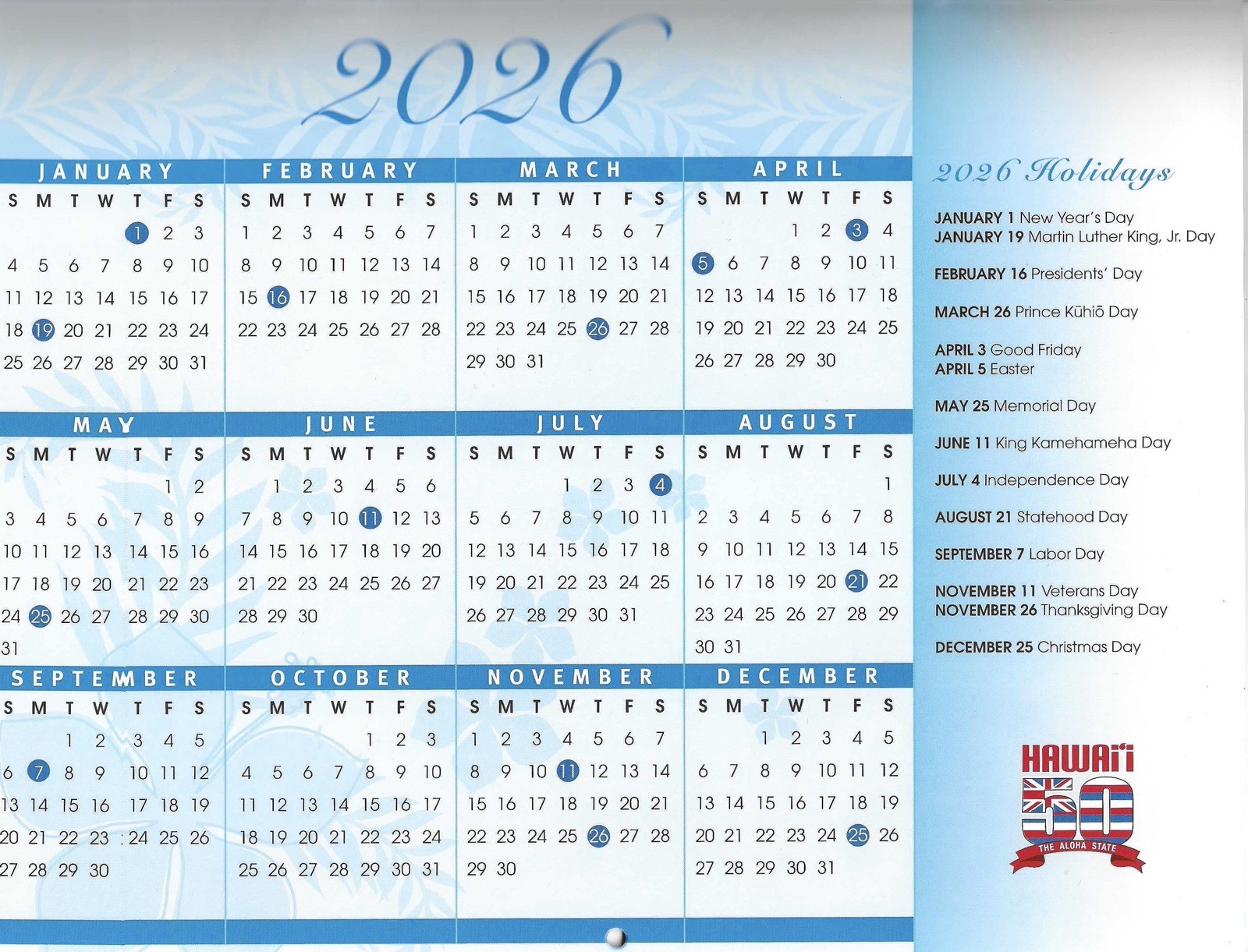 2026 Hawaiian Wall Calendar Flowers Tropical Hibiscus Orchids Plumeria Holiday