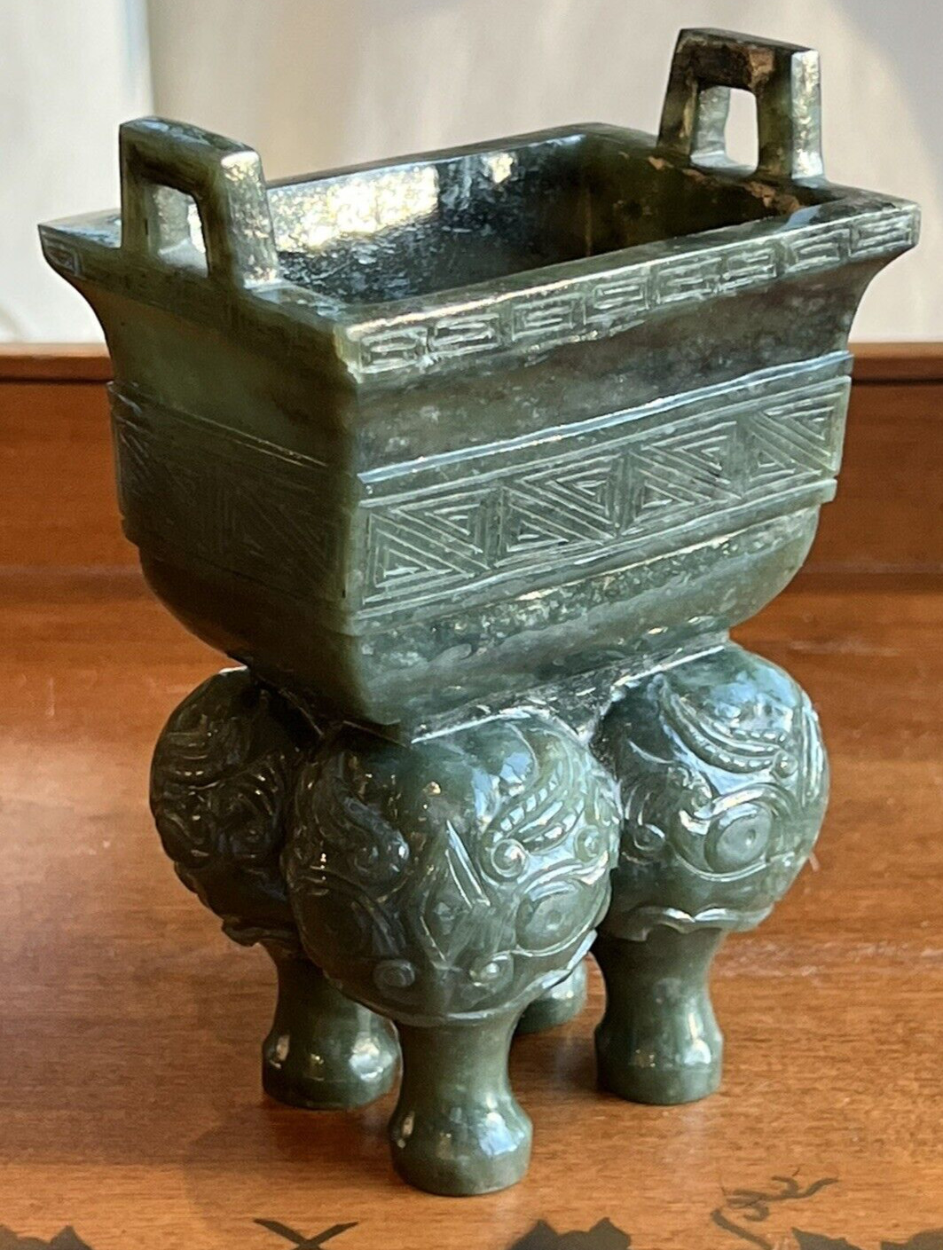 Hand Carved Dark Spinach Green Jade Asian Chinese Incense Burner Censor