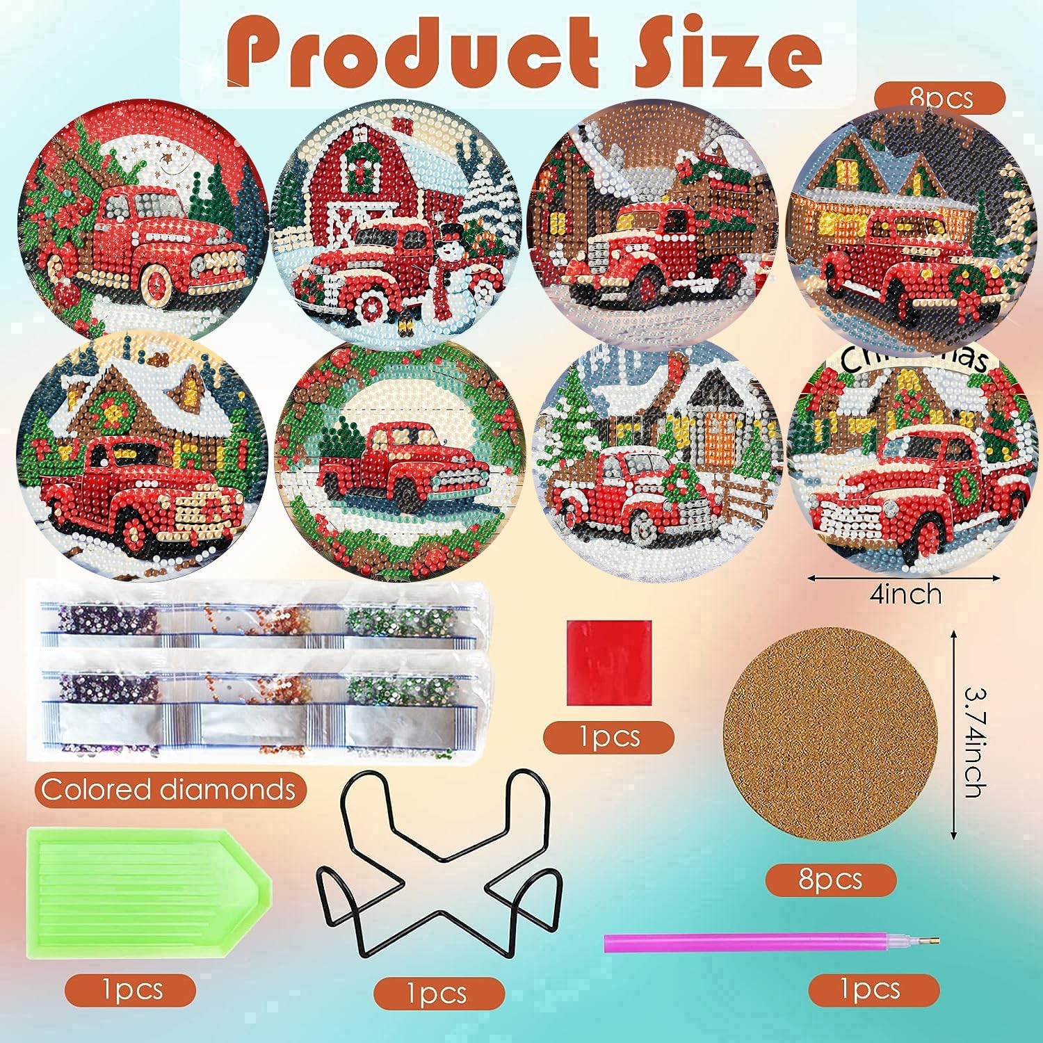 ijbnhd 8 PCS Christmas Diamond Art Coasters Kit, 4X4X0.1, Truck