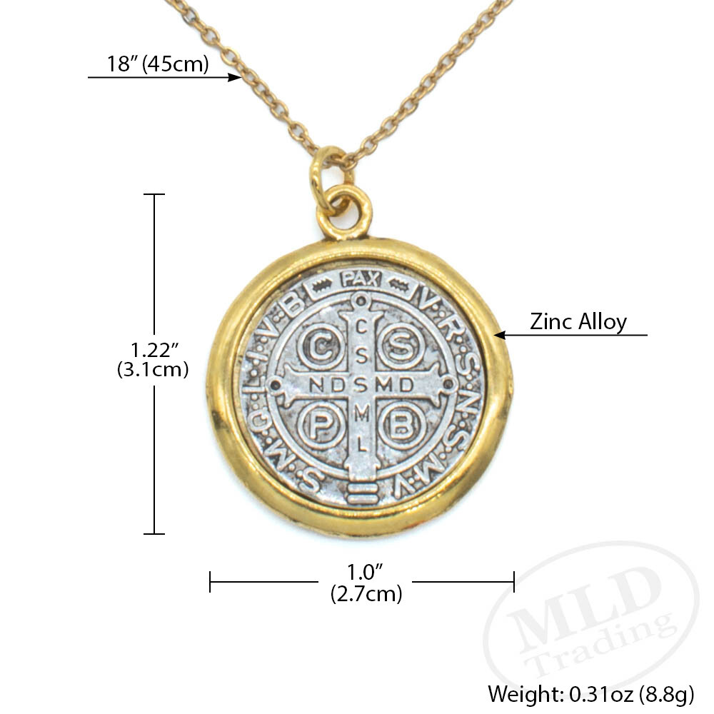 Saint St Benedict Medal Pendant Necklace: Silver w/ Gold Border, 1", 18" Chain