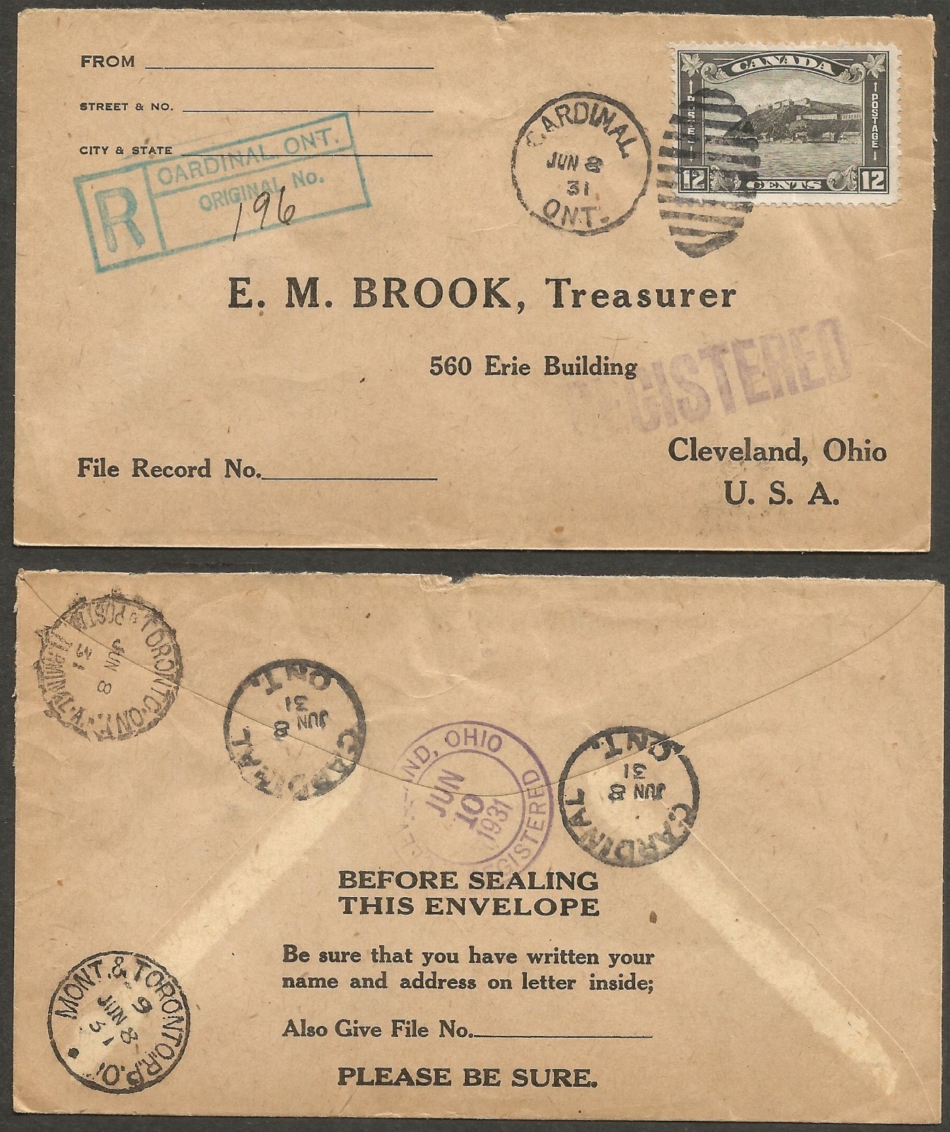 1931 12c Quebec #174 on Cardinal ONT RPO Registered Cover Duplex