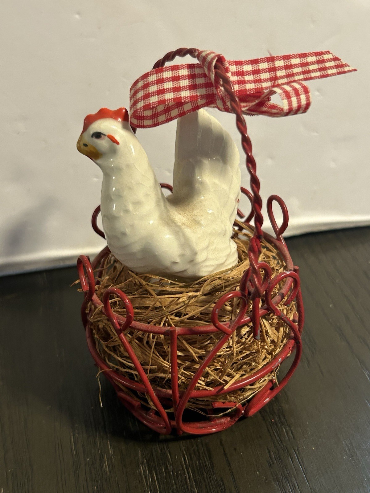 Vintage Gray And Blue Hen On A Nest•Porcelain Chicken On Nest In Wire Basket•EUC