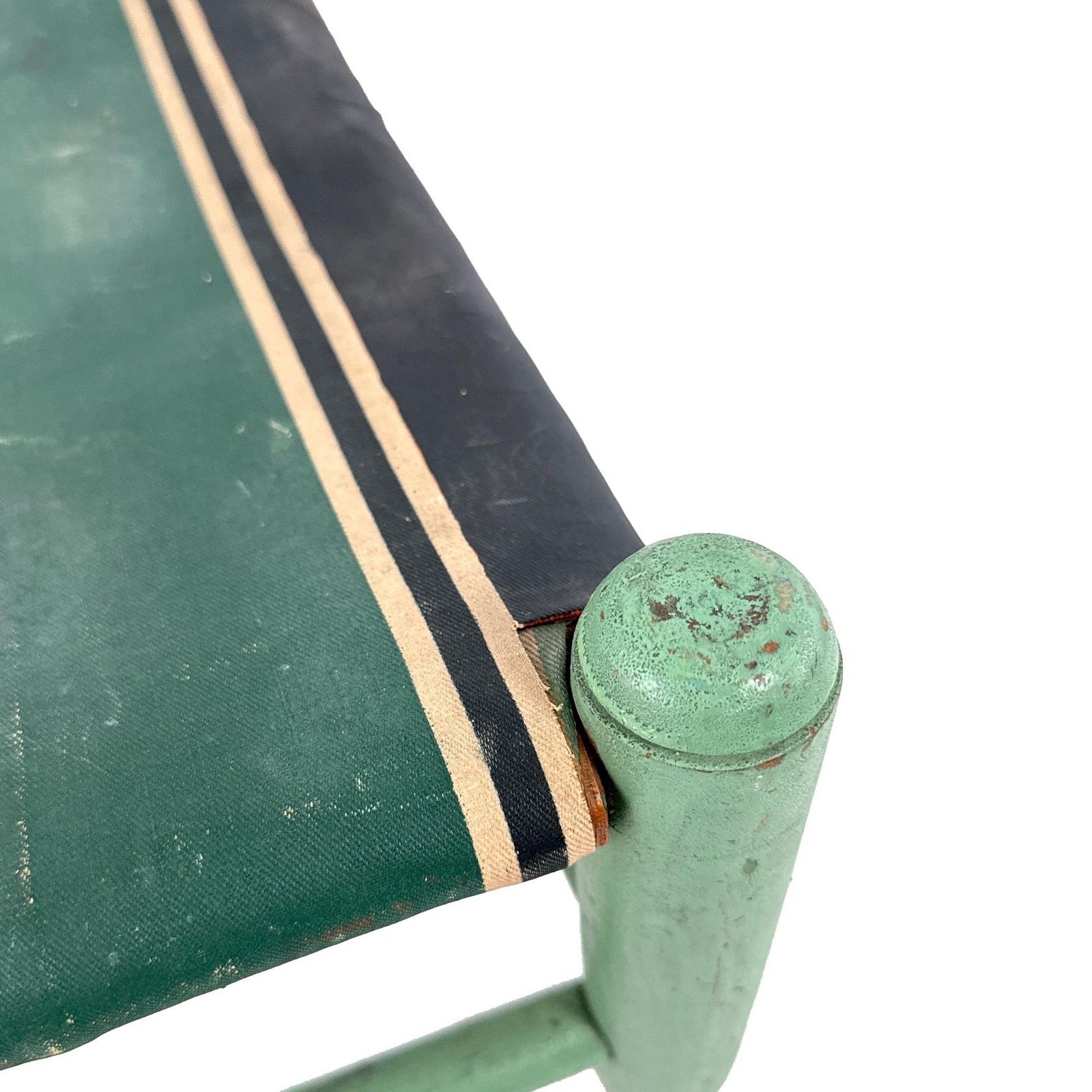 Vtg 30s Turquoise Green Painted Wooden Stool Striped Straw Stuffed Oilcloth Seat