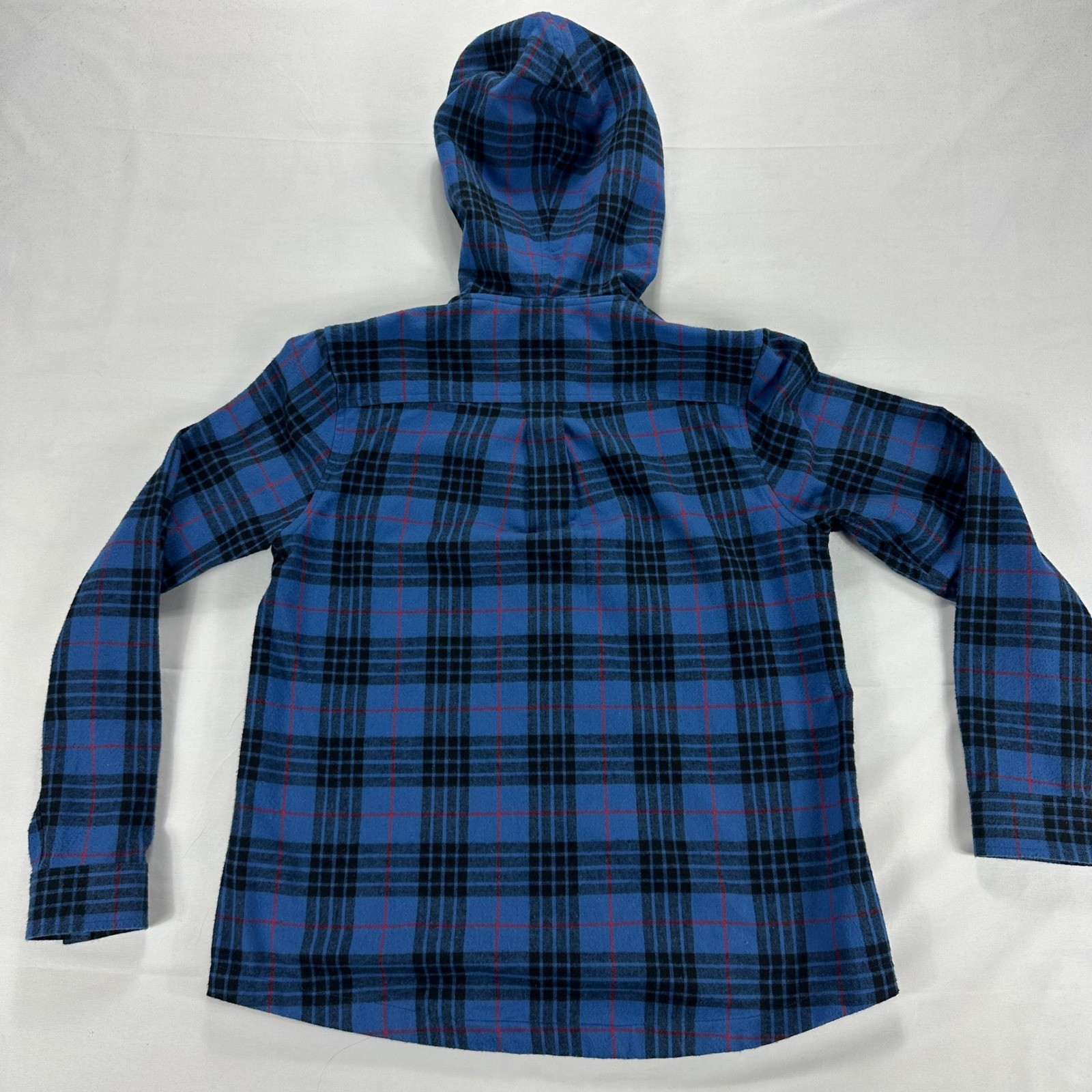 L.L. Bean Flannel Hoodie Blue Black Plaid Cotton Pullover Relaxed Fit Mens Small