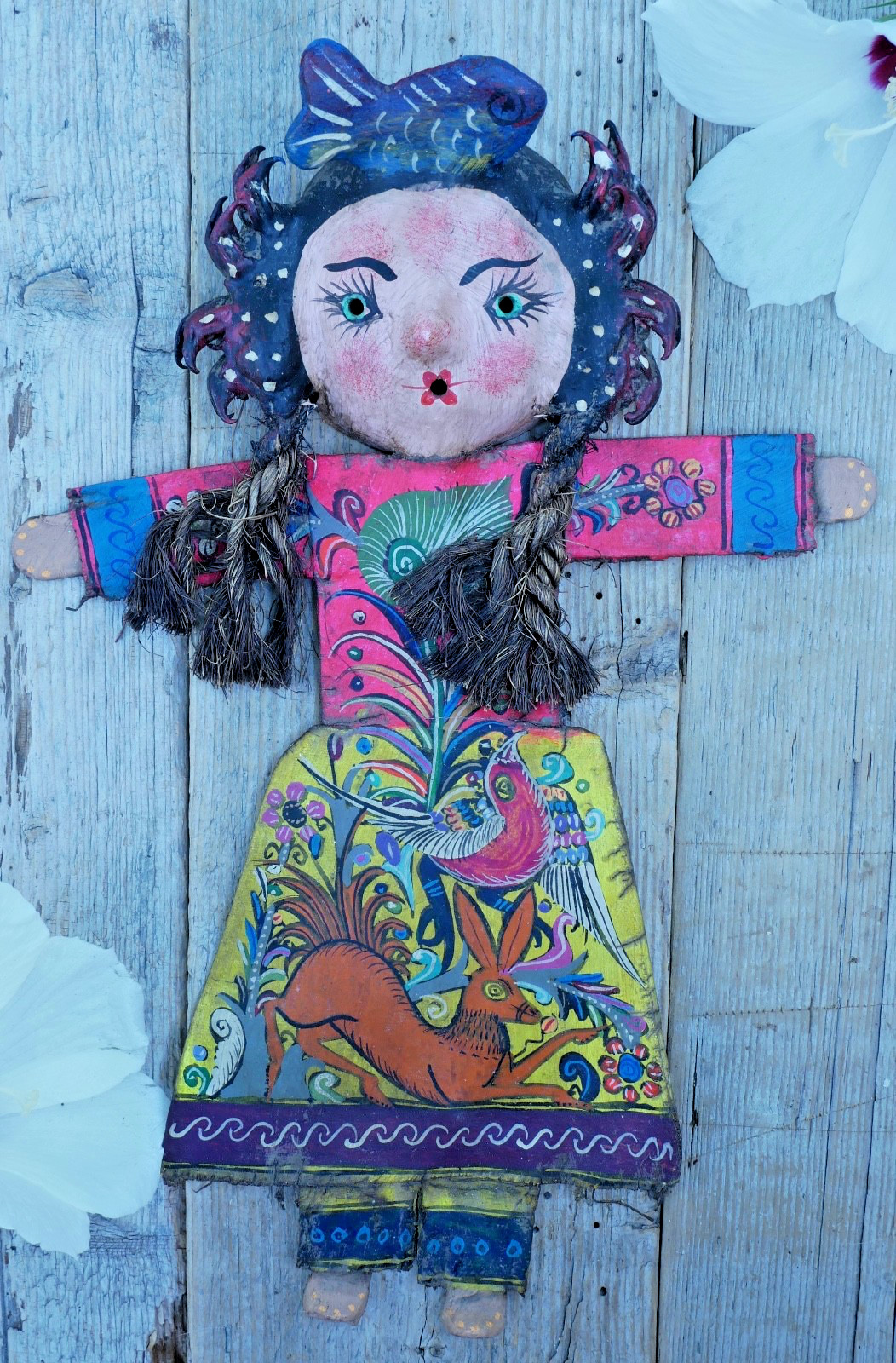 Girl Fish Hat Hand Painted Bird & Deer Handmade Canvas & Coconut Mexico Folk Art